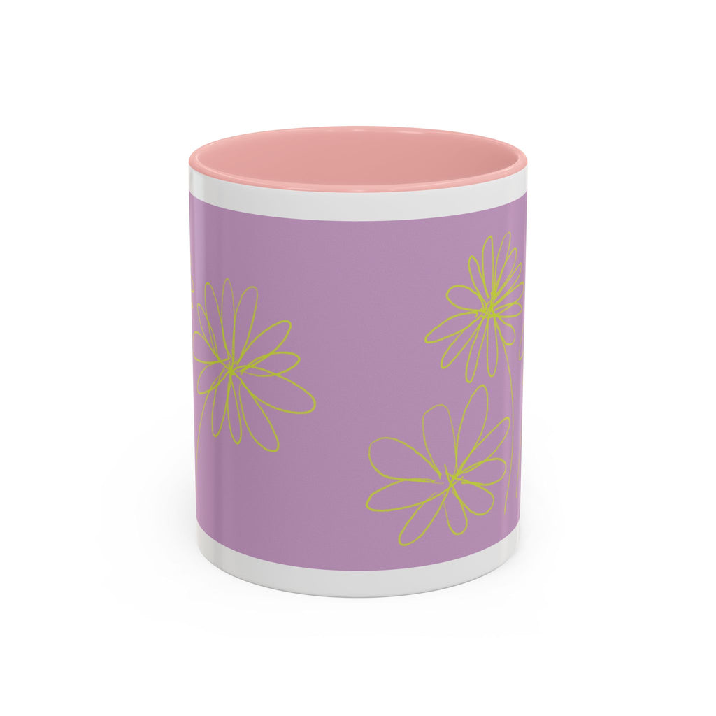 Purple Floral Accent Mug — Dainty Yellow Daisy Coffee Cup (11/15oz)