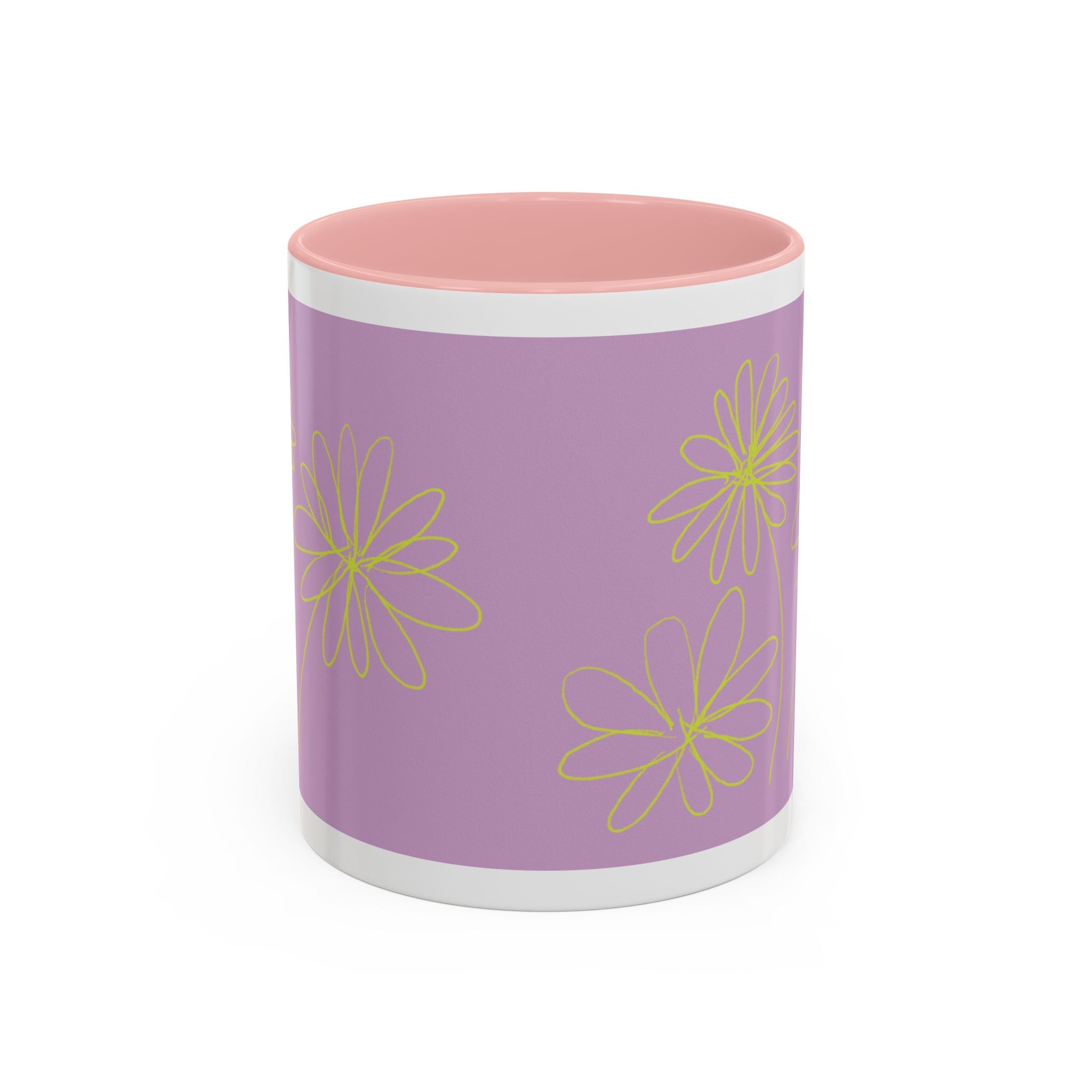 Purple Floral Accent Mug — Dainty Yellow Daisy Coffee Cup (11/15oz)