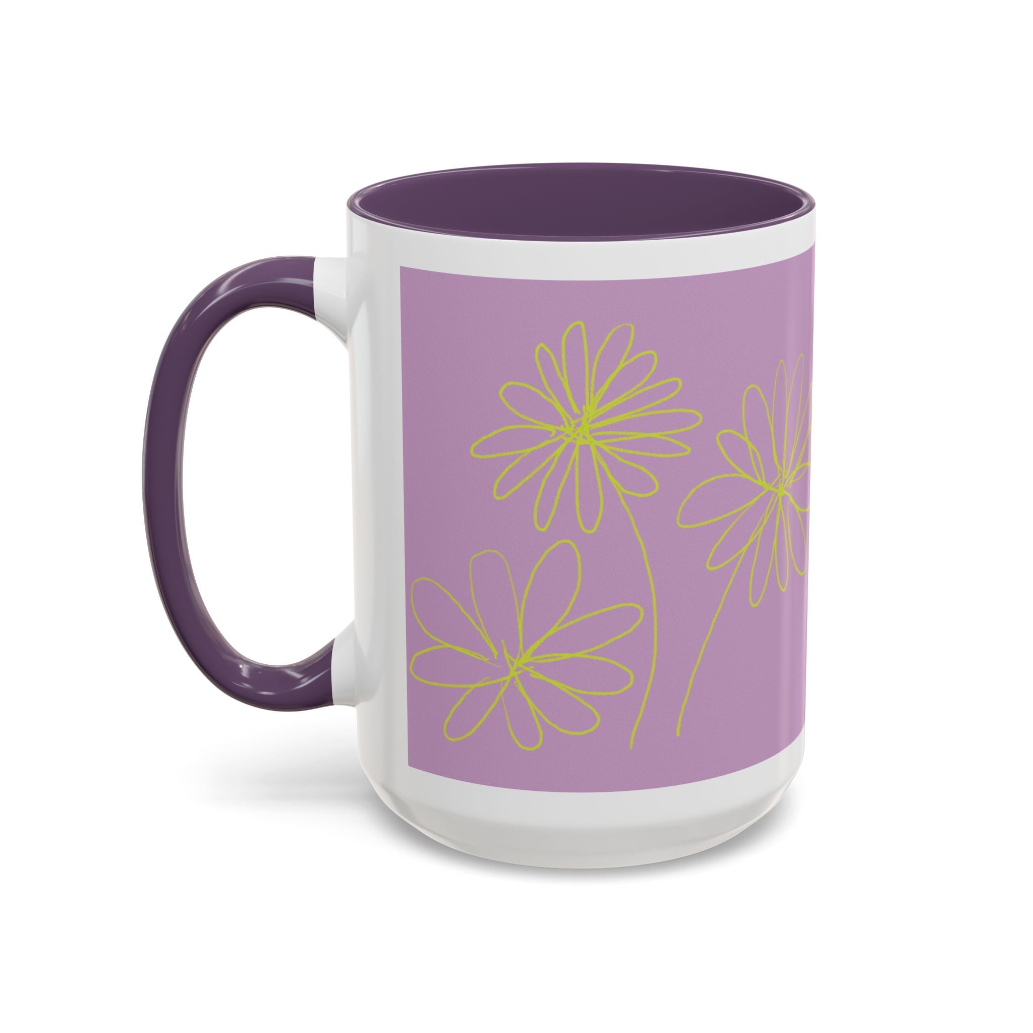 Purple Floral Accent Mug — Dainty Yellow Daisy Coffee Cup (11/15oz)