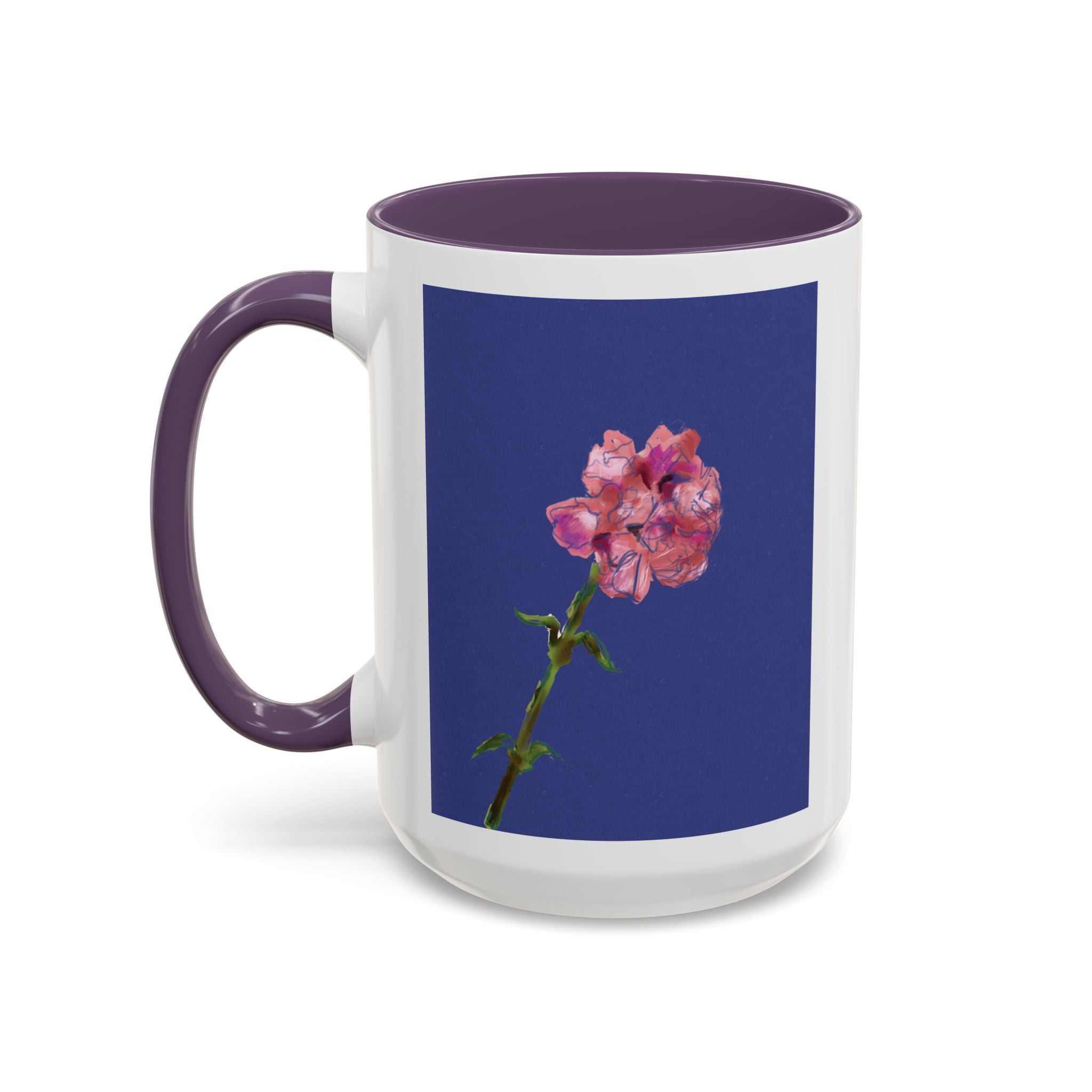 Carnation Floral Single Stem Accent Coffee Mug — Pink Carnation Blossom on Navy