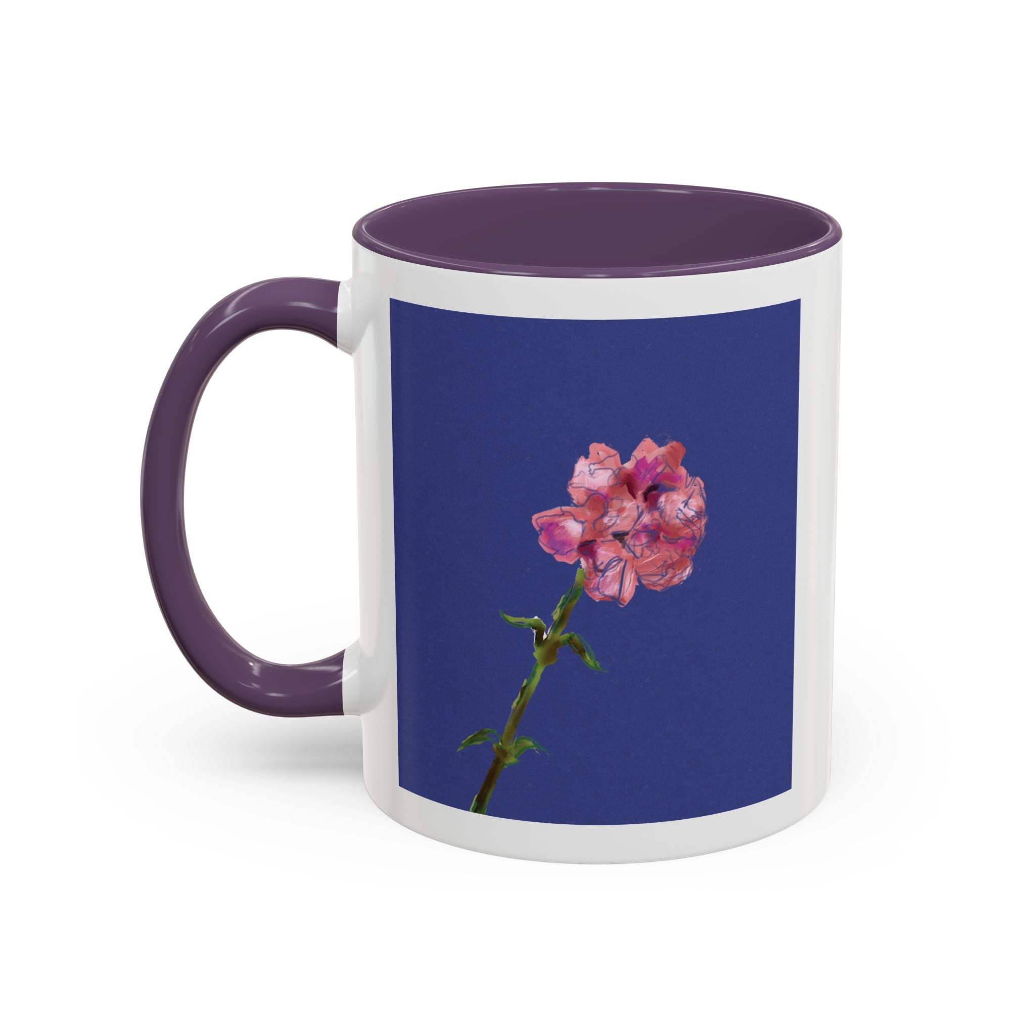 Carnation Floral Single Stem Accent Coffee Mug — Pink Carnation Blossom on Navy