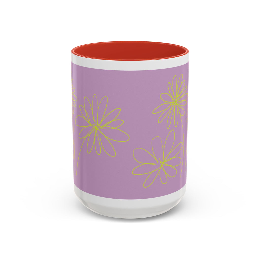 Purple Floral Accent Mug — Dainty Yellow Daisy Coffee Cup (11/15oz)