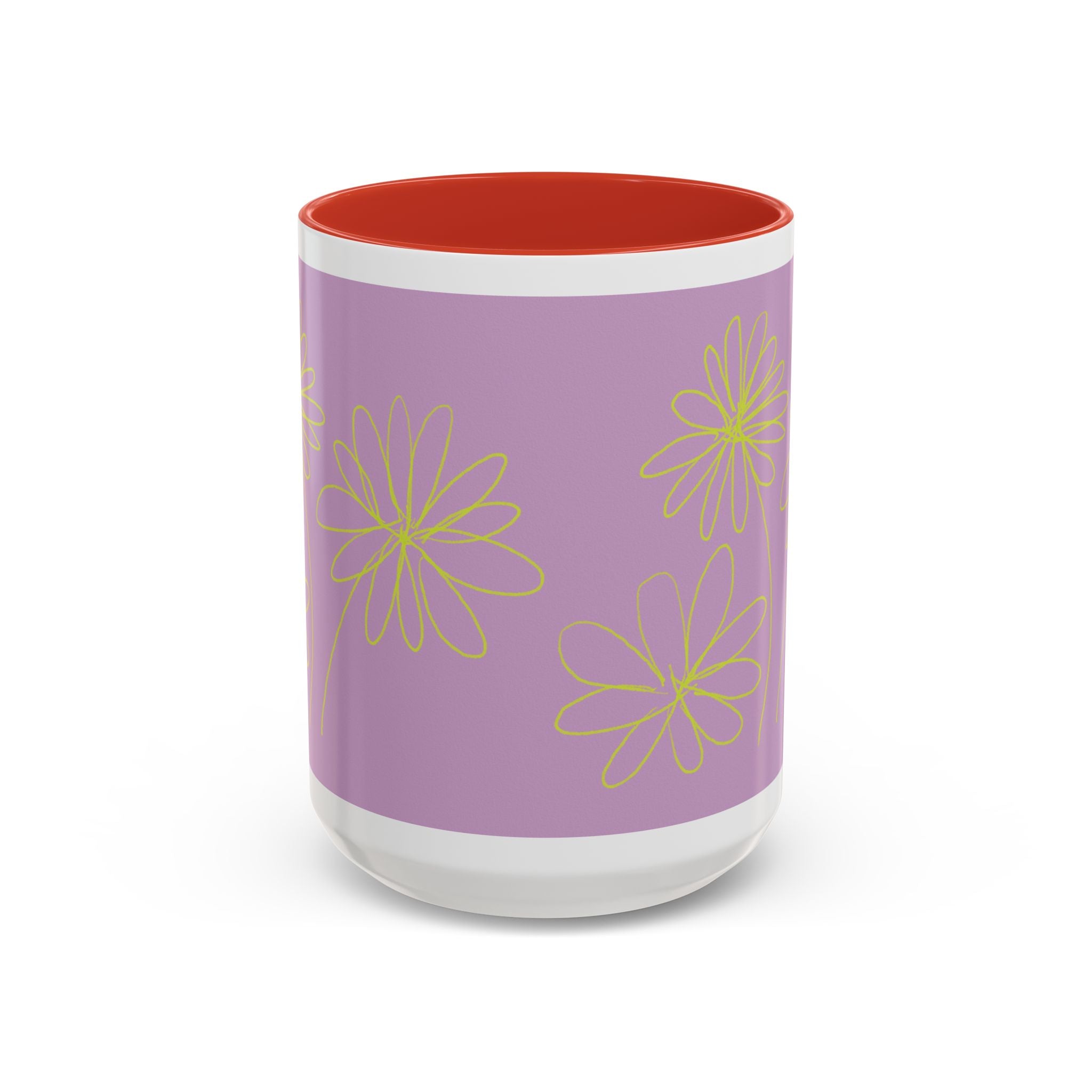 Purple Floral Accent Mug — Dainty Yellow Daisy Coffee Cup (11/15oz)
