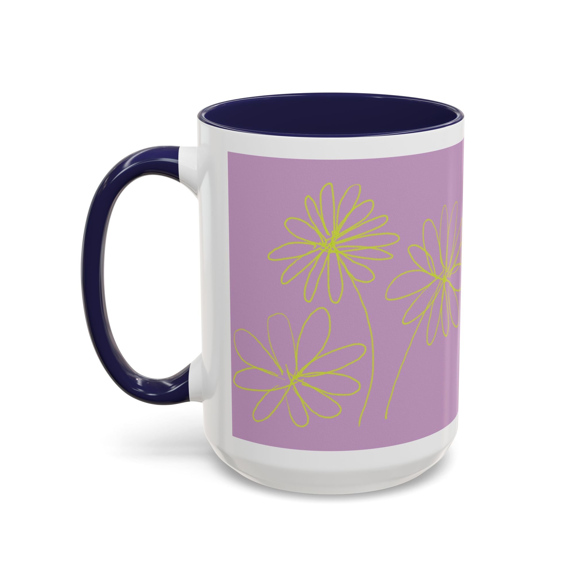 Purple Floral Accent Mug — Dainty Yellow Daisy Coffee Cup (11/15oz)