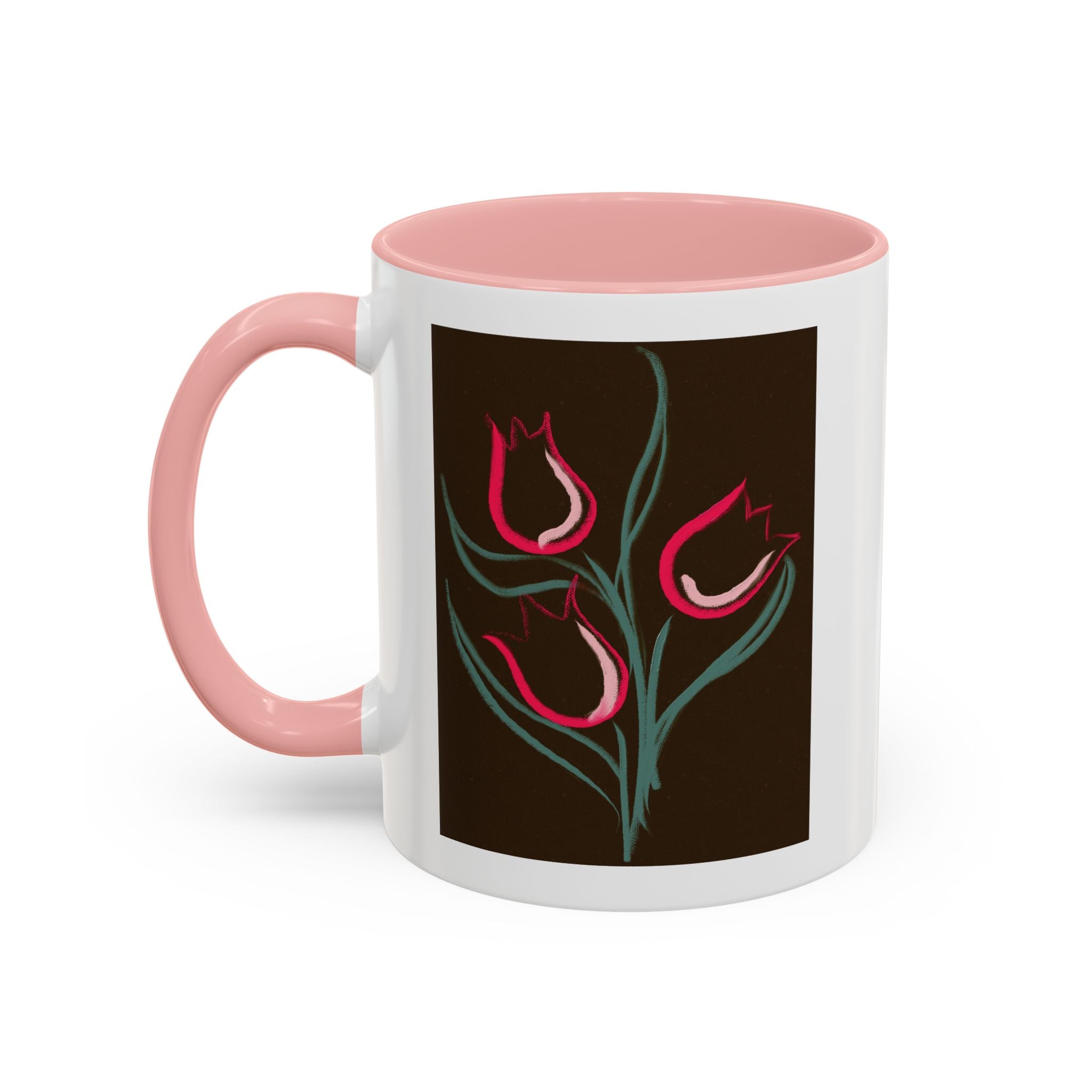 Tulip Floral Accent Coffee Mug — Pink Tulips on Dark Background (11/15 oz)