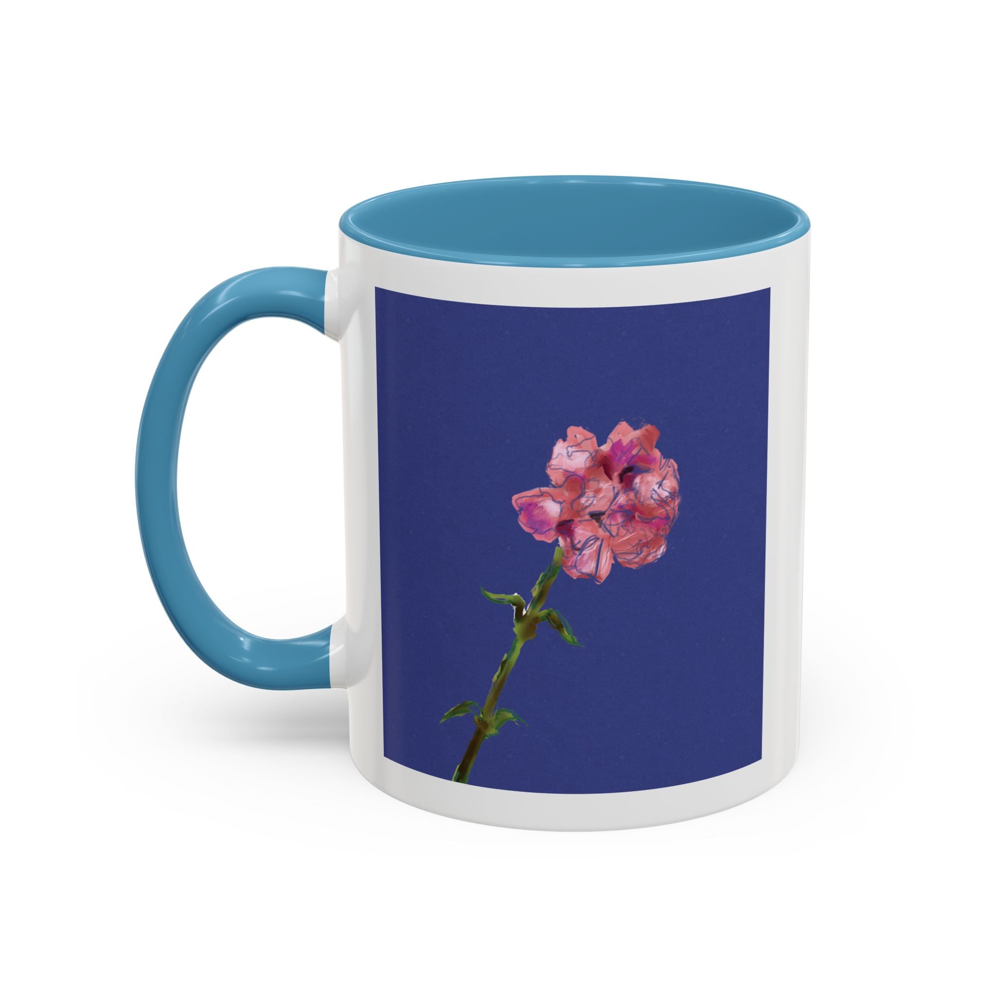Carnation Floral Single Stem Accent Coffee Mug — Pink Carnation Blossom on Navy