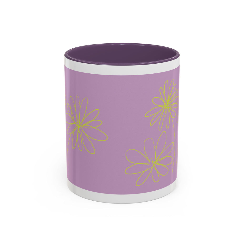 Purple Floral Accent Mug — Dainty Yellow Daisy Coffee Cup (11/15oz)