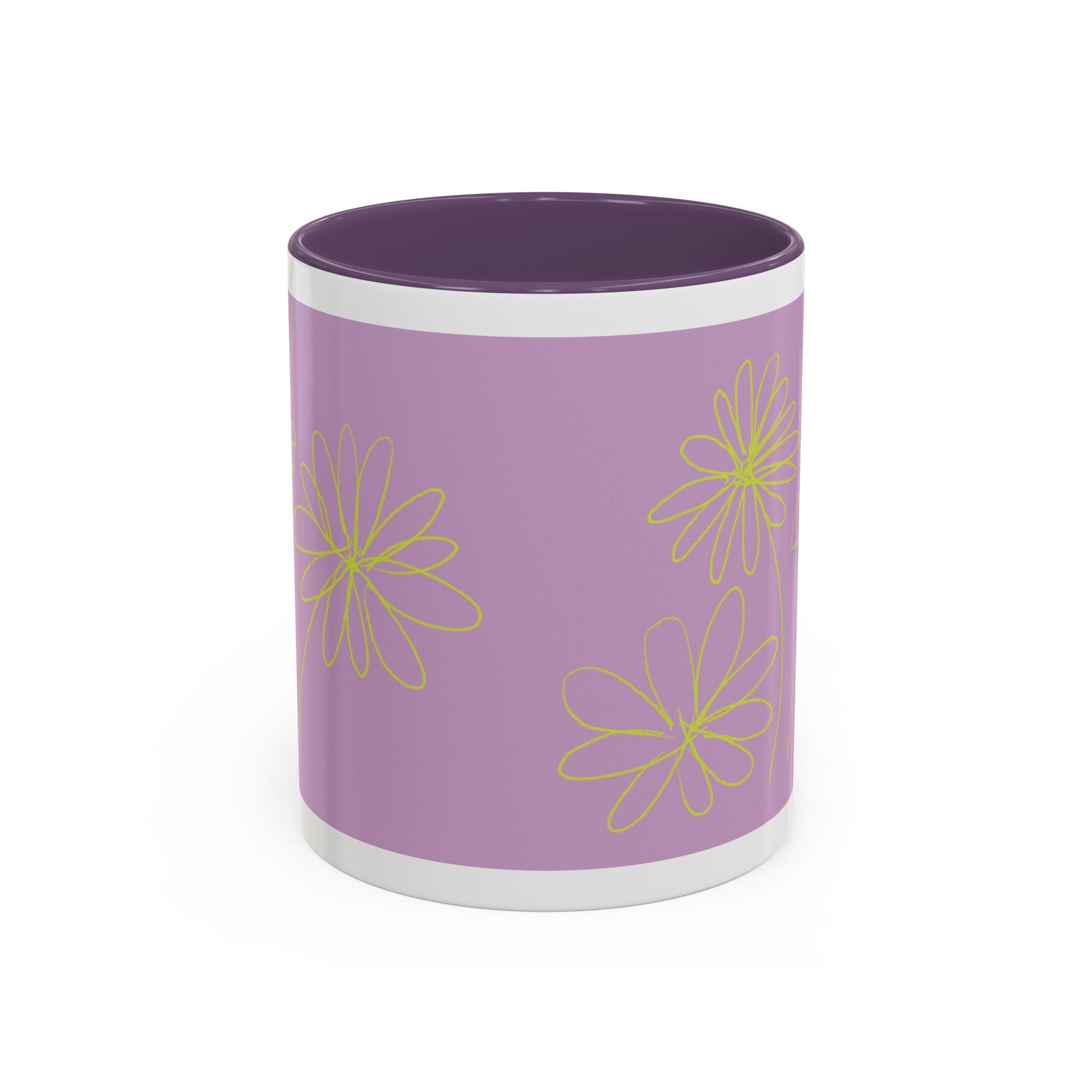 Purple Floral Accent Mug — Dainty Yellow Daisy Coffee Cup (11/15oz)