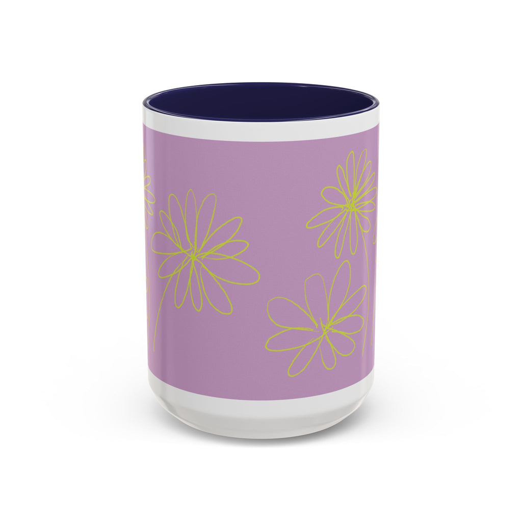 Purple Floral Accent Mug — Dainty Yellow Daisy Coffee Cup (11/15oz)