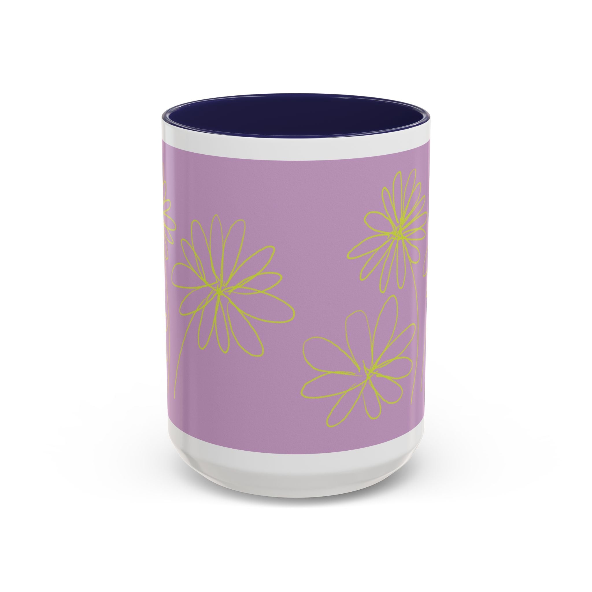 Purple Floral Accent Mug — Dainty Yellow Daisy Coffee Cup (11/15oz)