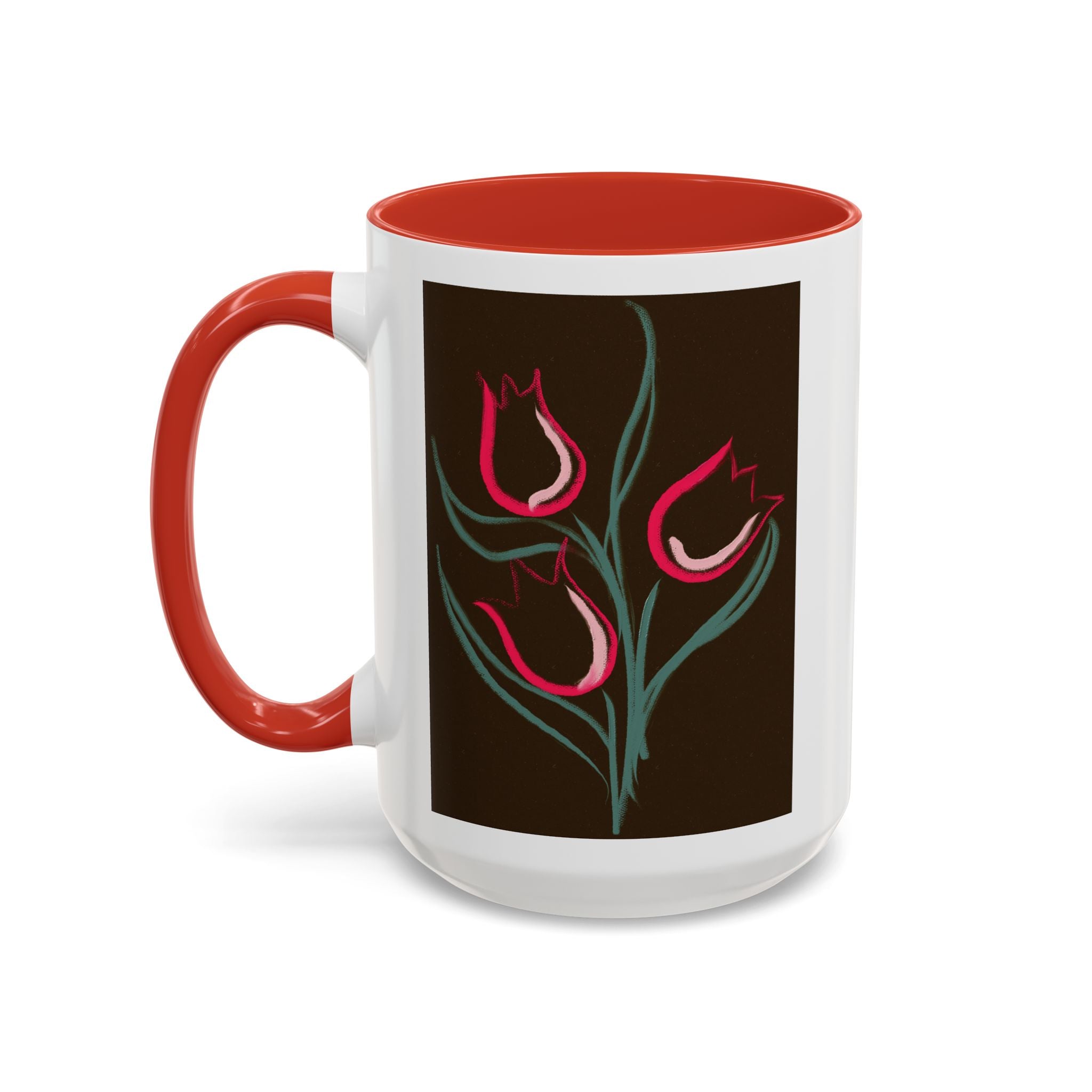 Tulip Floral Accent Coffee Mug — Pink Tulips on Dark Background (11/15 oz)