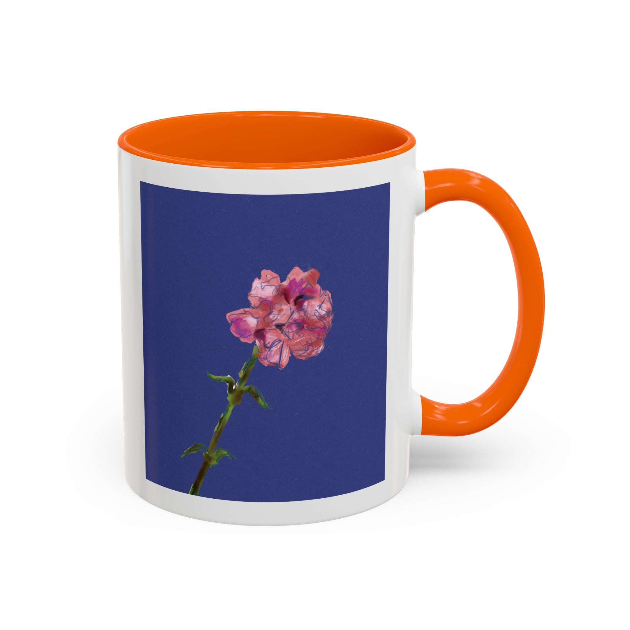 Carnation Floral Single Stem Accent Coffee Mug — Pink Carnation Blossom on Navy