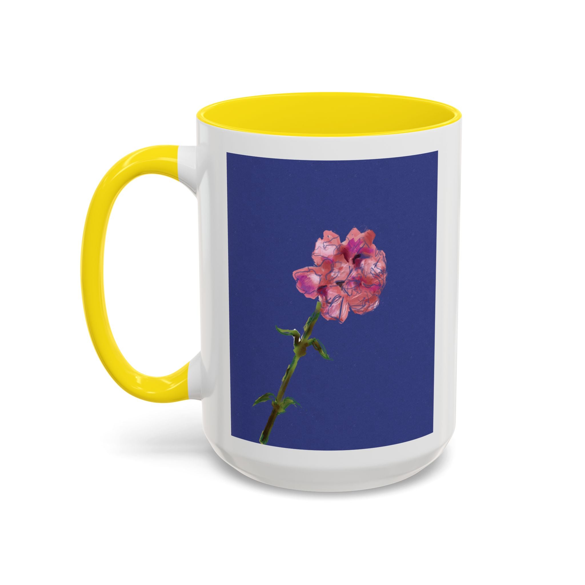 Carnation Floral Single Stem Accent Coffee Mug — Pink Carnation Blossom on Navy