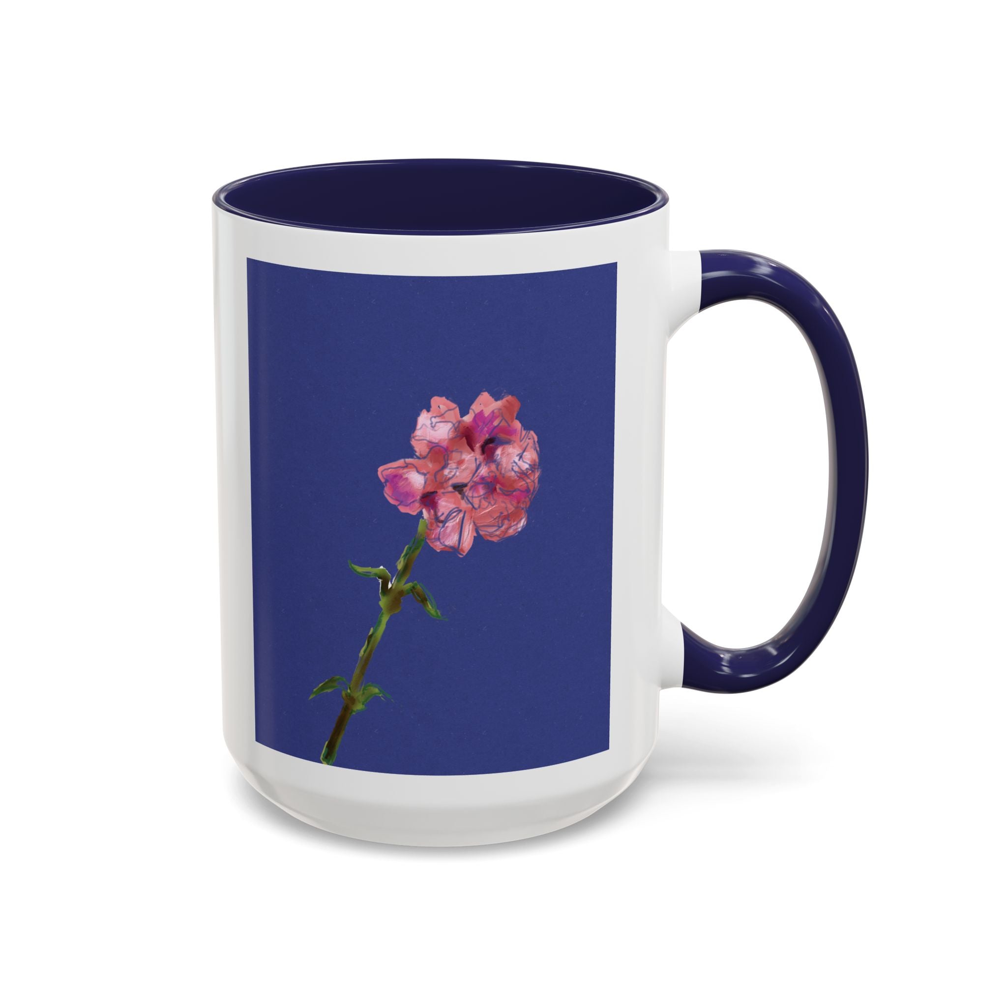 Carnation Floral Single Stem Accent Coffee Mug — Pink Carnation Blossom on Navy