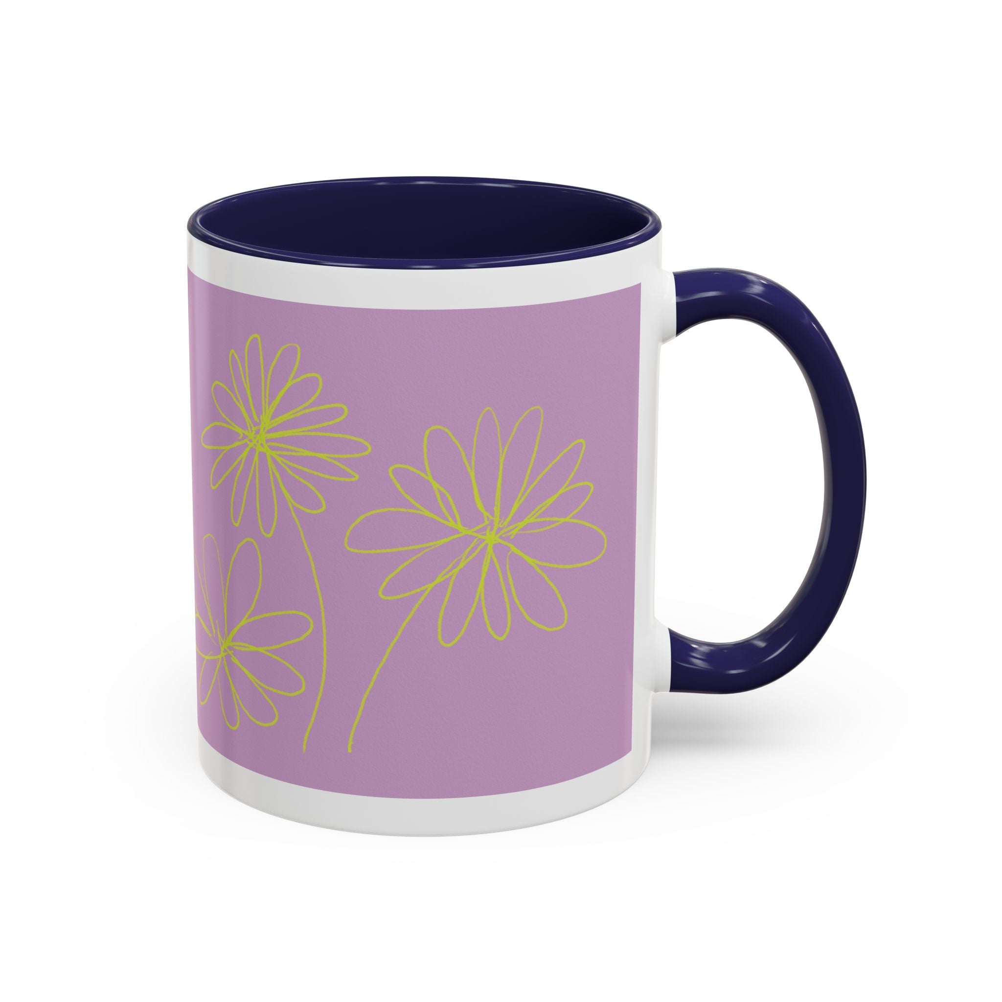 Purple Floral Accent Mug — Dainty Yellow Daisy Coffee Cup (11/15oz)