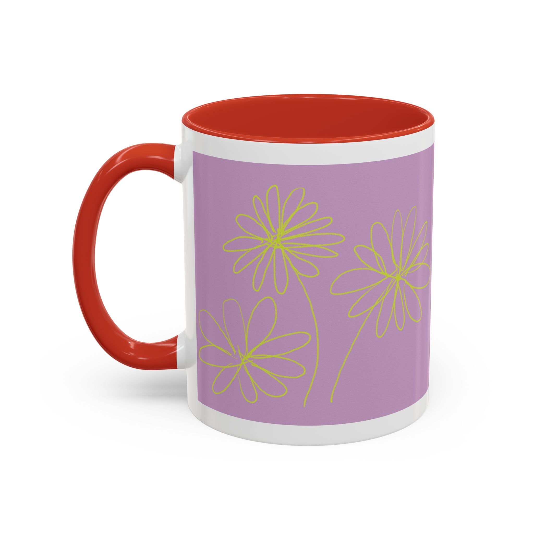 Purple Floral Accent Mug — Dainty Yellow Daisy Coffee Cup (11/15oz)
