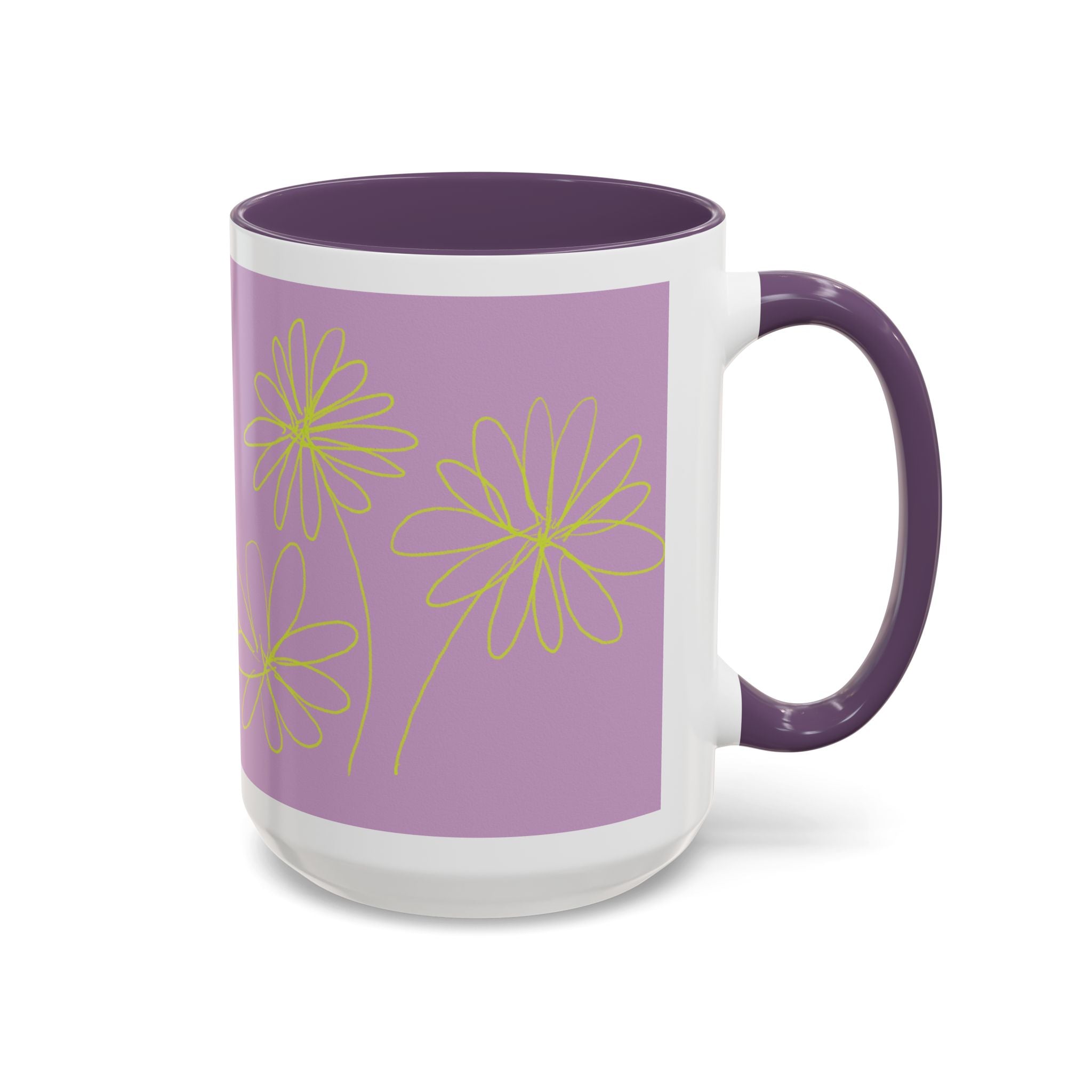 Purple Floral Accent Mug — Dainty Yellow Daisy Coffee Cup (11/15oz)