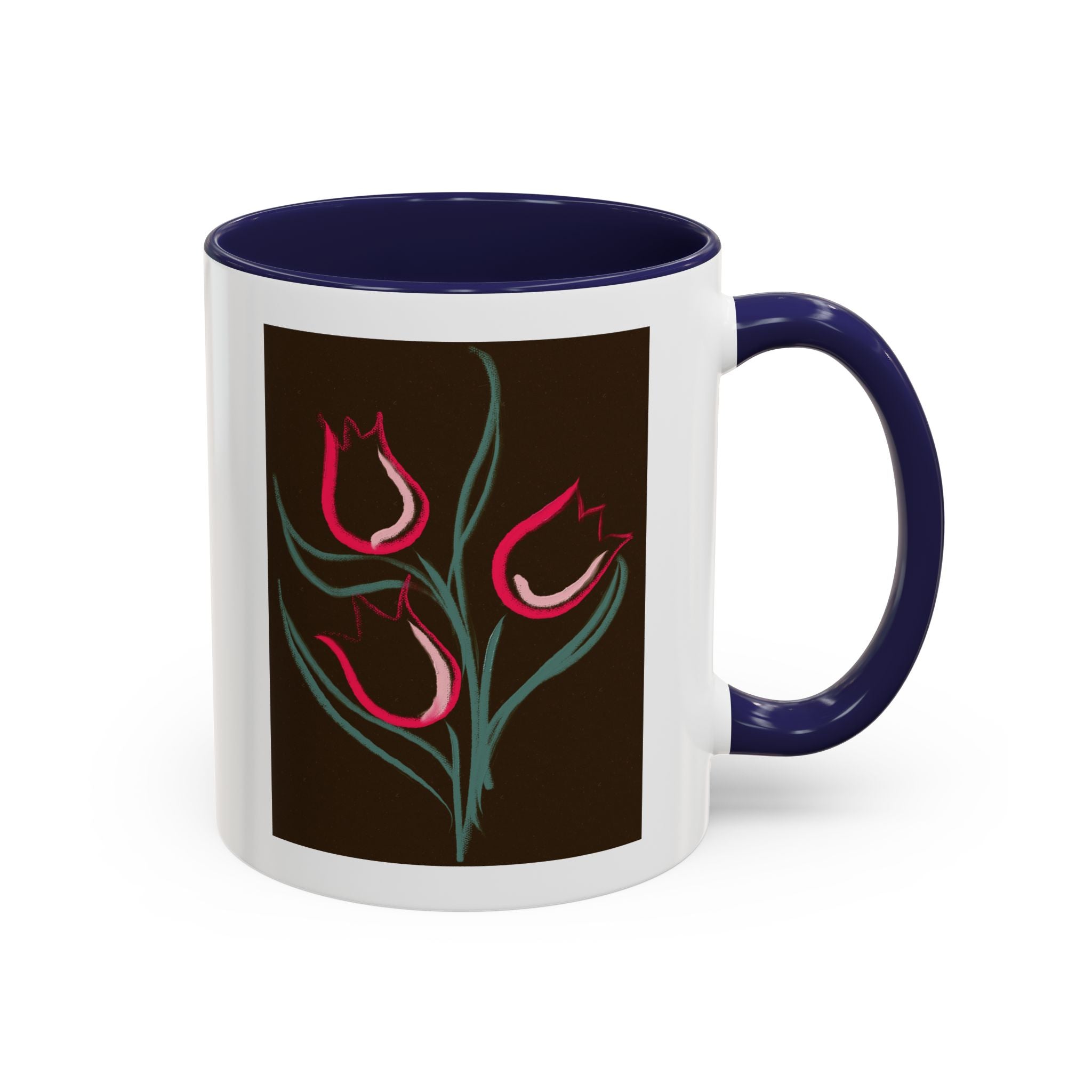 Tulip Floral Accent Coffee Mug — Pink Tulips on Dark Background (11/15 oz)