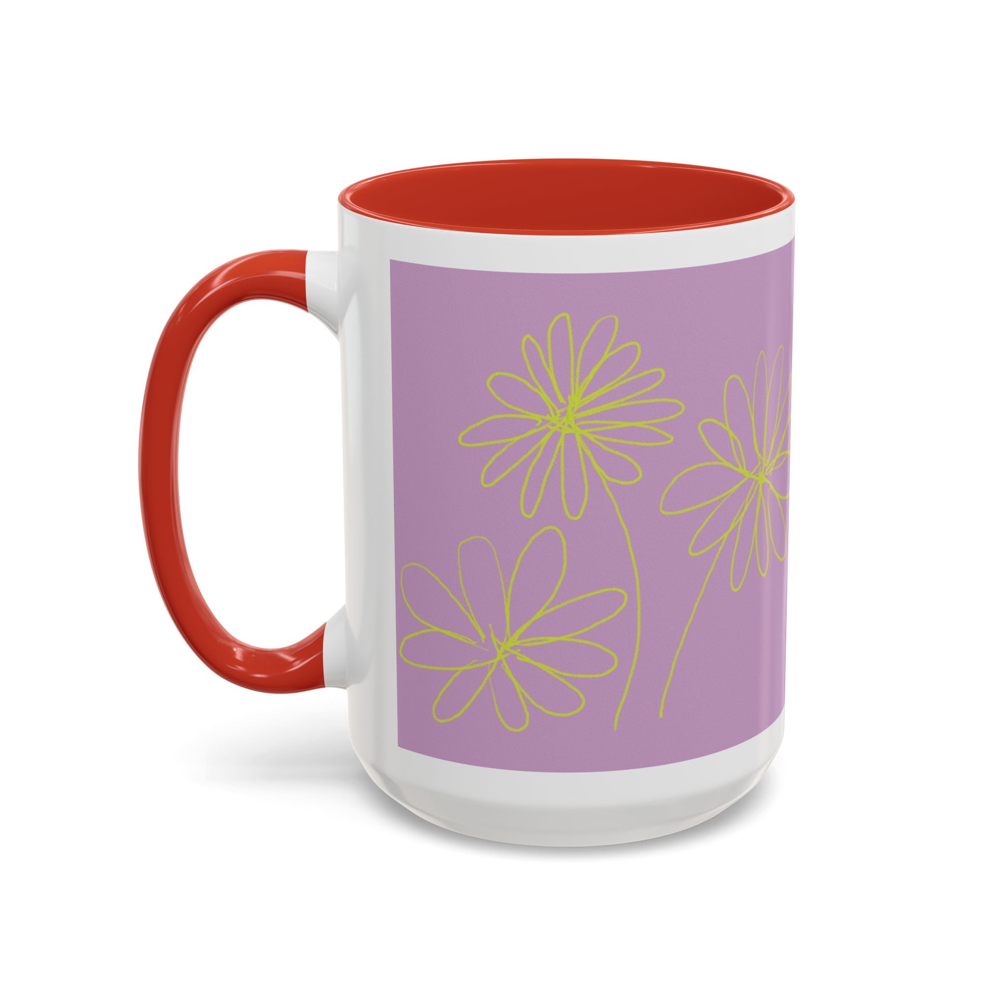 Purple Floral Accent Mug — Dainty Yellow Daisy Coffee Cup (11/15oz)