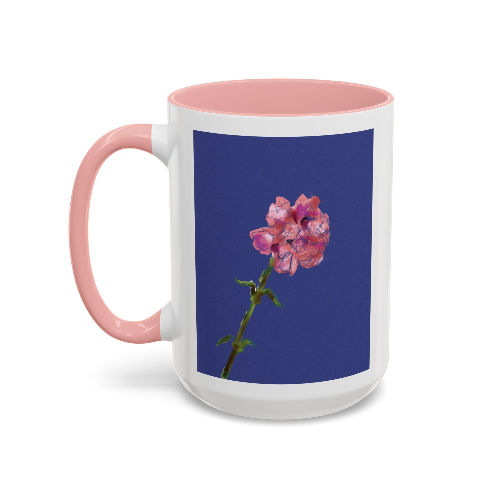 Carnation Floral Single Stem Accent Coffee Mug — Pink Carnation Blossom on Navy