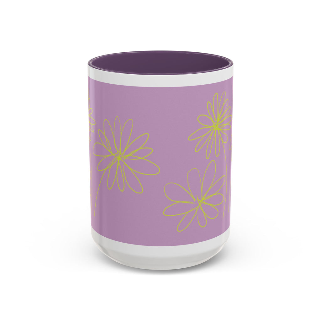 Purple Floral Accent Mug — Dainty Yellow Daisy Coffee Cup (11/15oz)