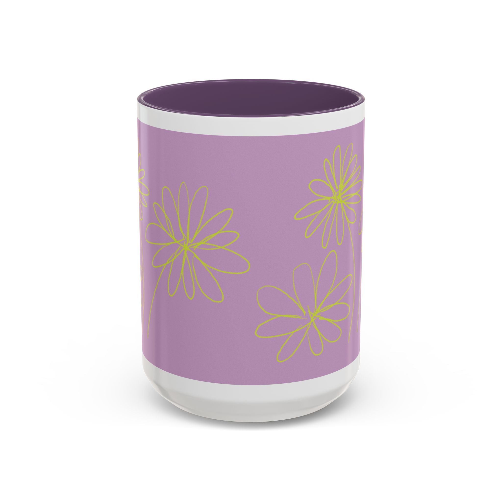 Purple Floral Accent Mug — Dainty Yellow Daisy Coffee Cup (11/15oz)