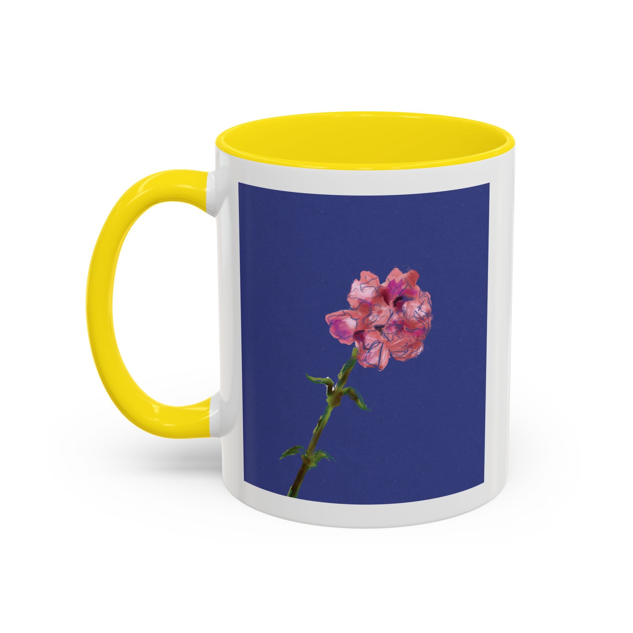 Carnation Floral Single Stem Accent Coffee Mug — Pink Carnation Blossom on Navy