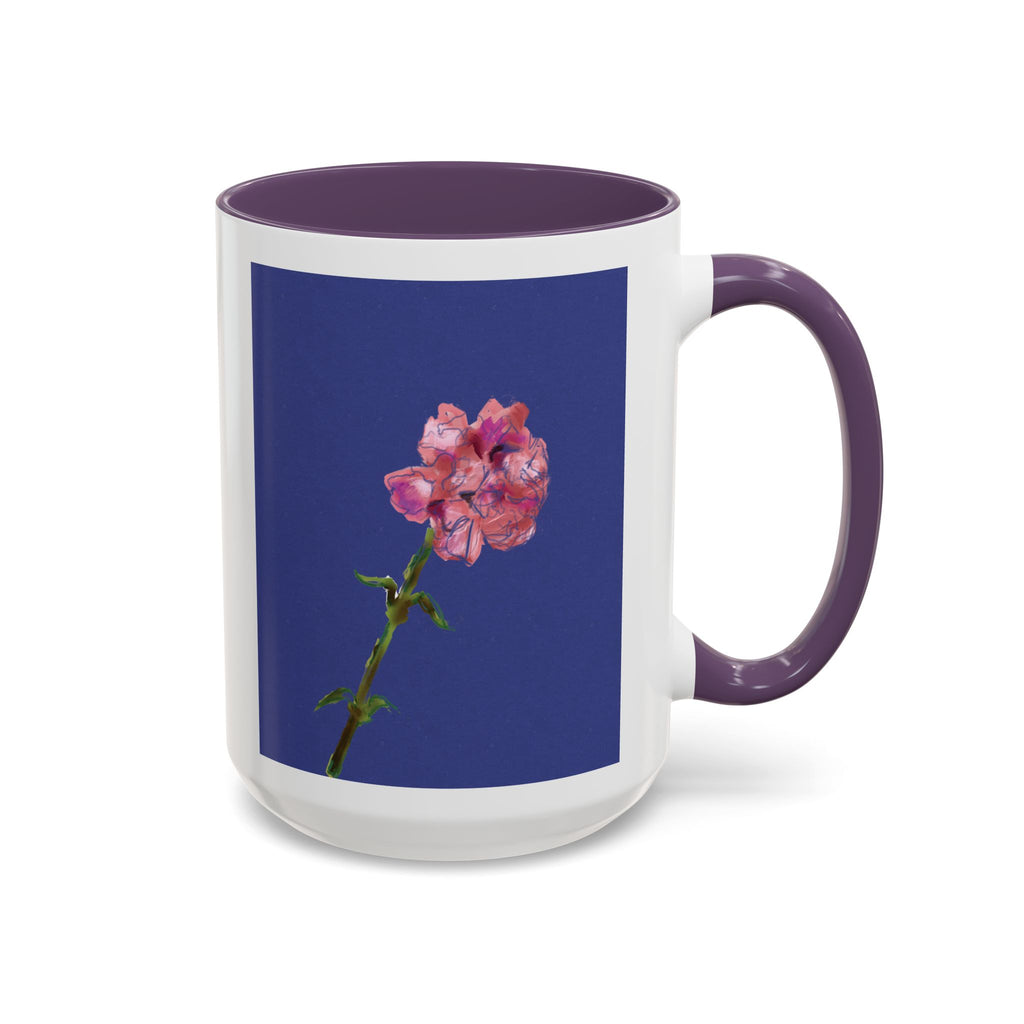 Carnation Floral Single Stem Accent Coffee Mug — Pink Carnation Blossom on Navy