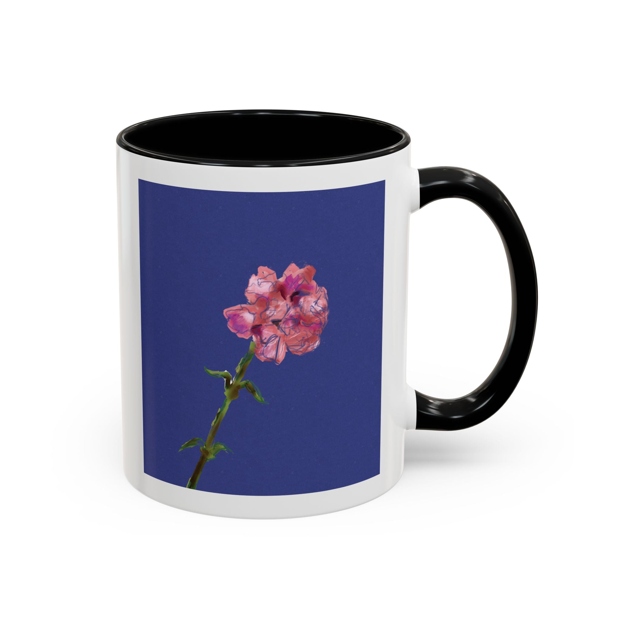 Carnation Floral Single Stem Accent Coffee Mug — Pink Carnation Blossom on Navy