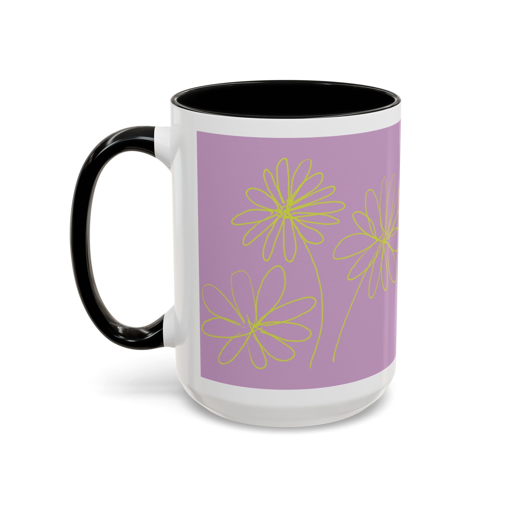 Purple Floral Accent Mug — Dainty Yellow Daisy Coffee Cup (11/15oz)