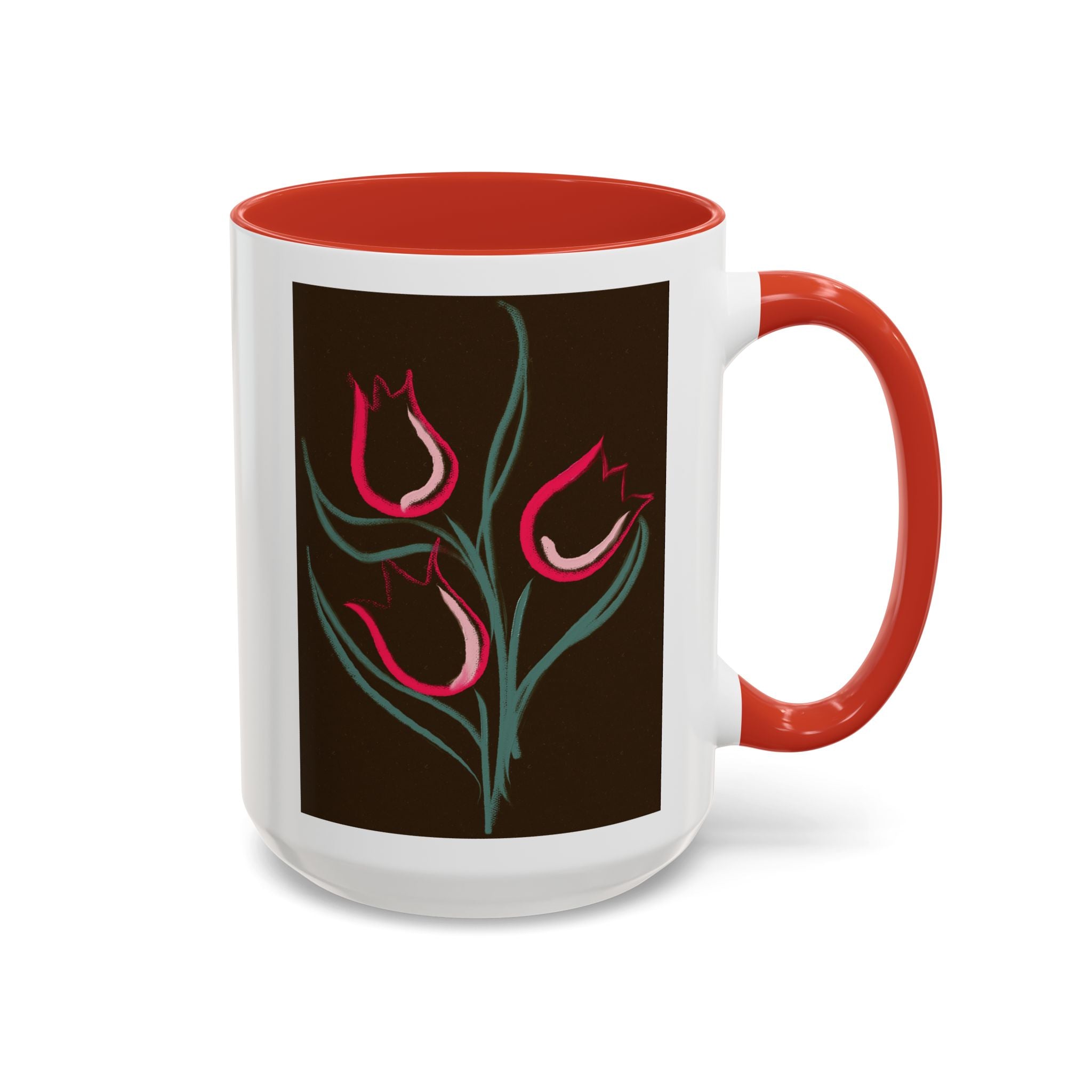 Tulip Floral Accent Coffee Mug — Pink Tulips on Dark Background (11/15 oz)