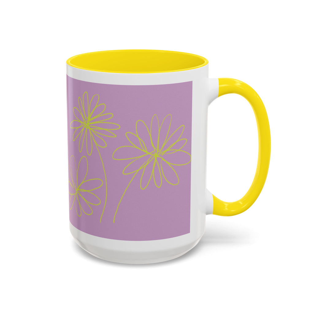 Purple Floral Accent Mug — Dainty Yellow Daisy Coffee Cup (11/15oz)