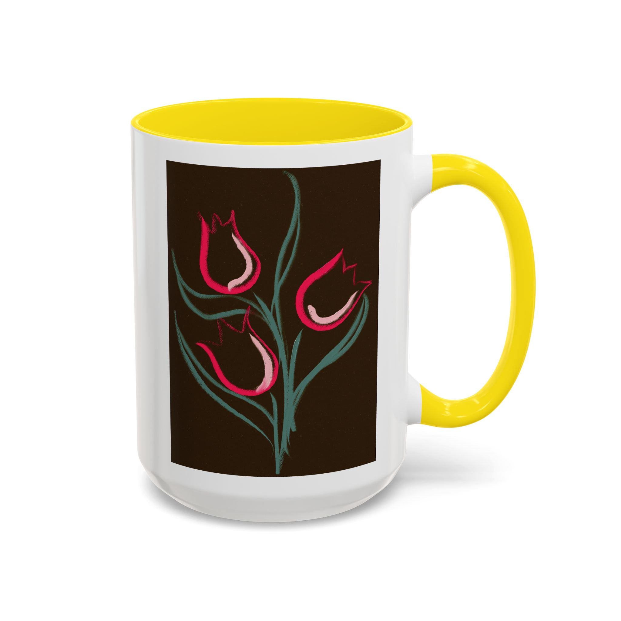 Tulip Floral Accent Coffee Mug — Pink Tulips on Dark Background (11/15 oz)