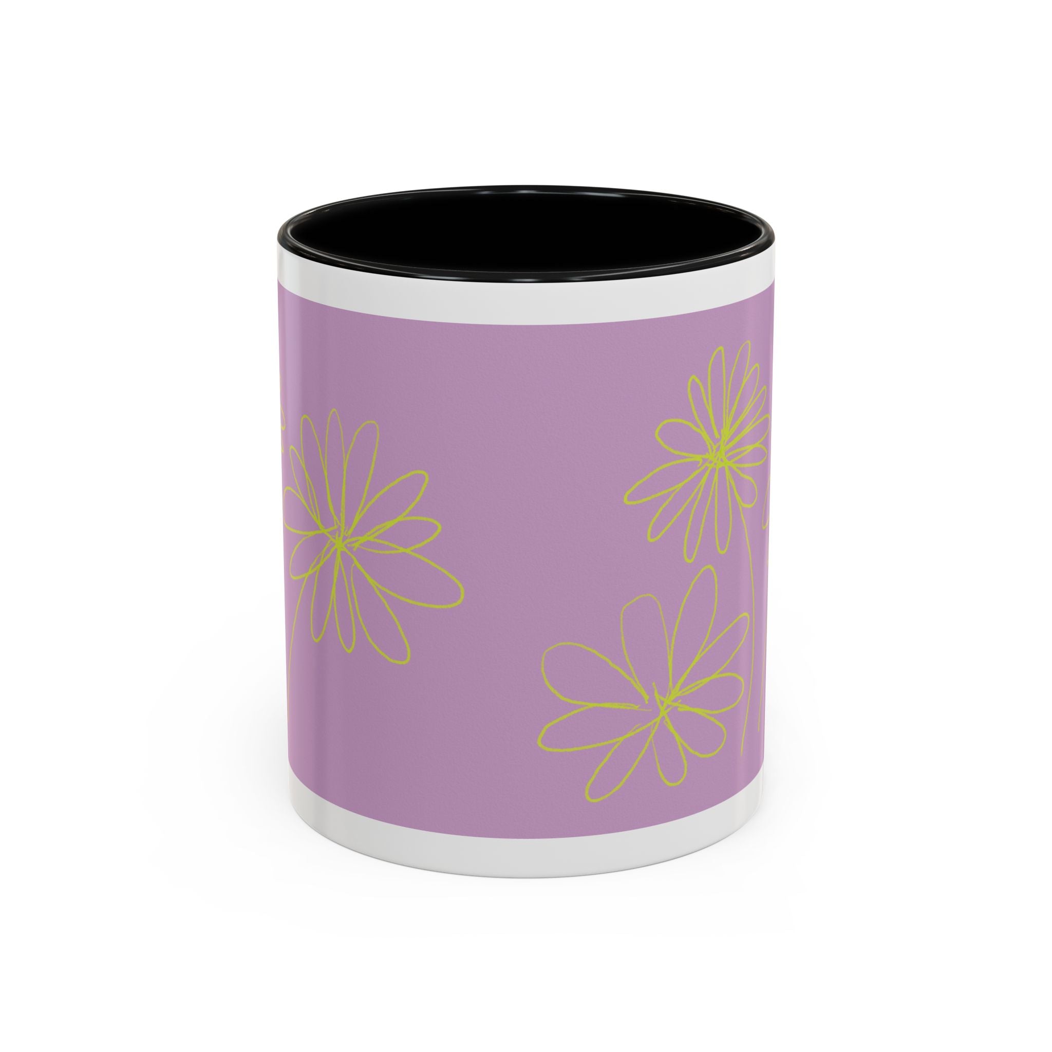 Purple Floral Accent Mug — Dainty Yellow Daisy Coffee Cup (11/15oz)