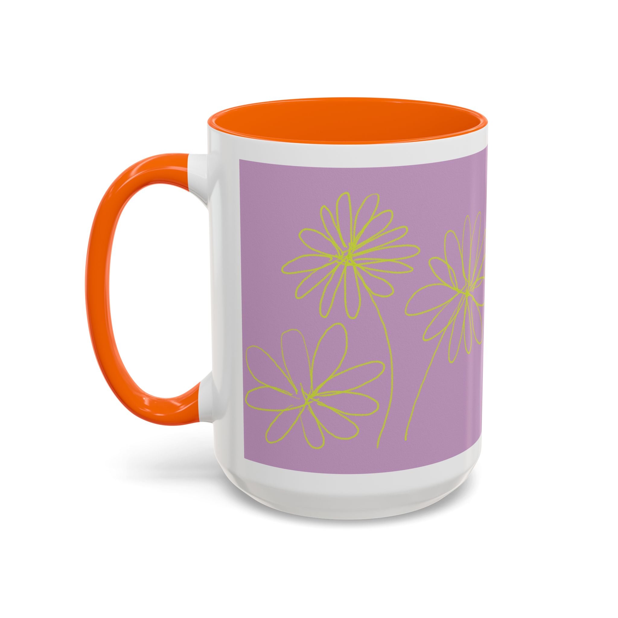 Purple Floral Accent Mug — Dainty Yellow Daisy Coffee Cup (11/15oz)