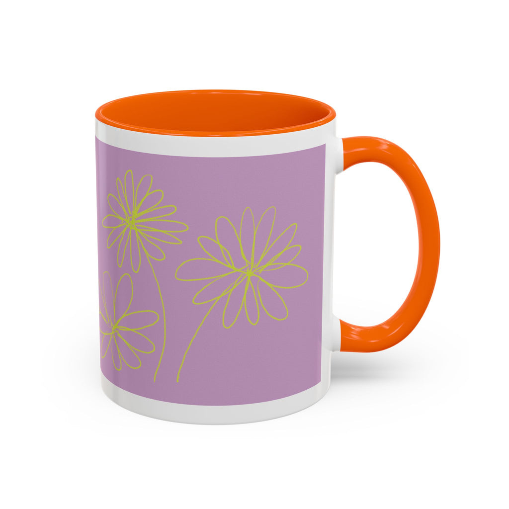 Purple Floral Accent Mug — Dainty Yellow Daisy Coffee Cup (11/15oz)