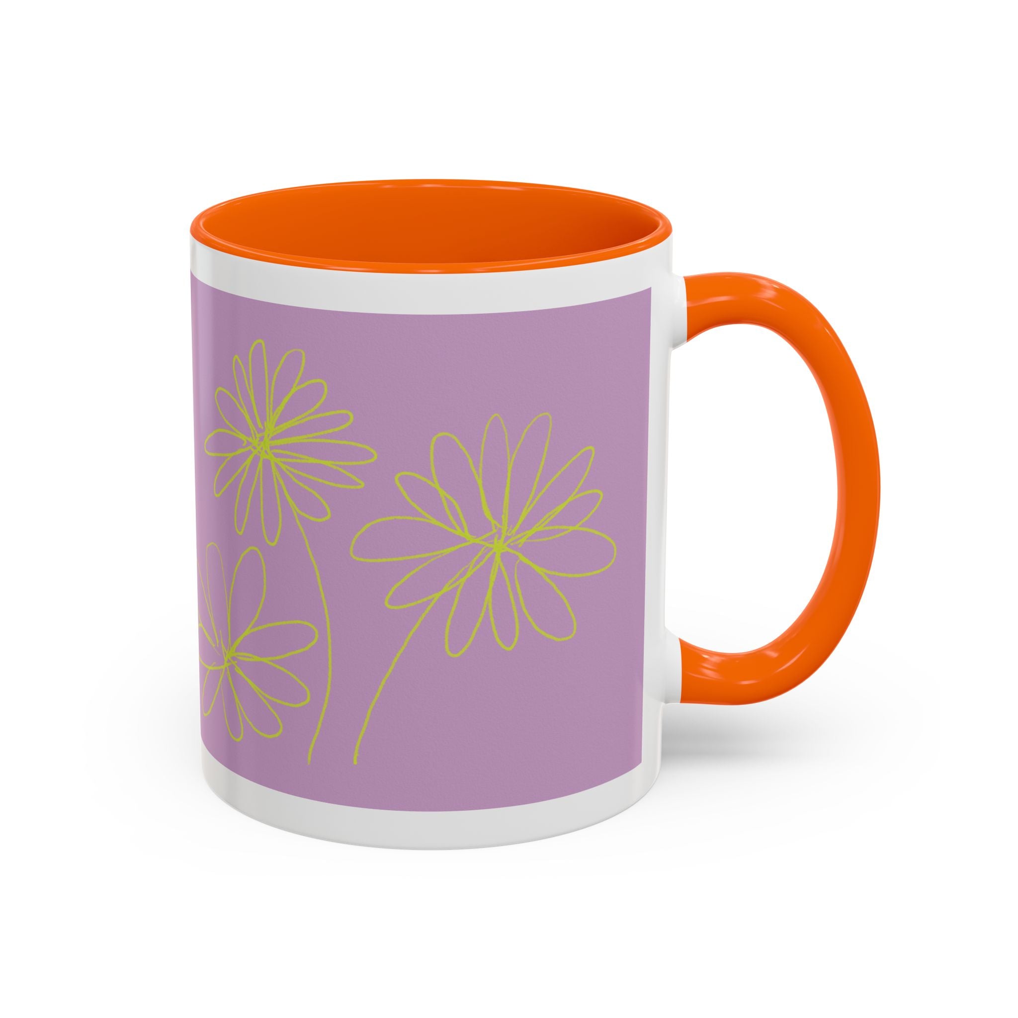 Purple Floral Accent Mug — Dainty Yellow Daisy Coffee Cup (11/15oz)
