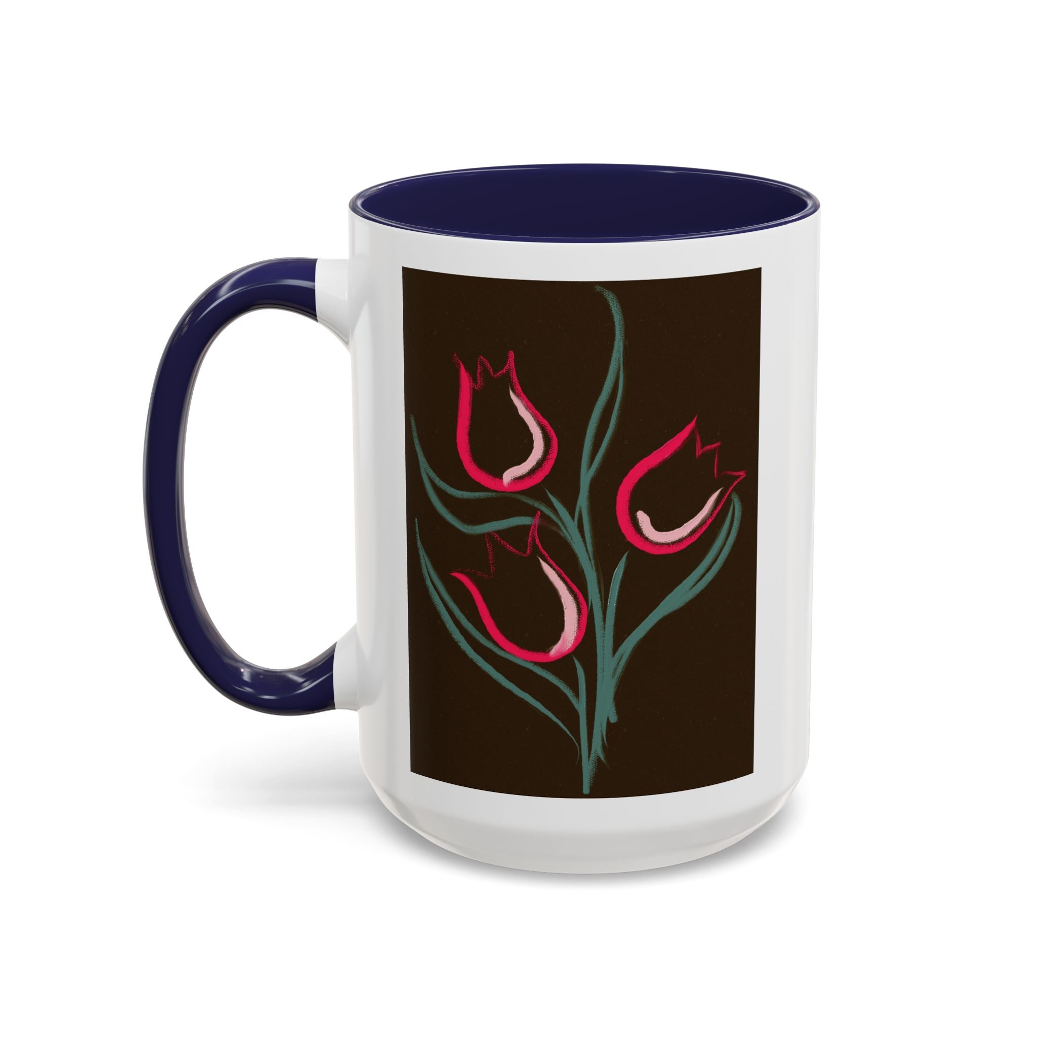 Tulip Floral Accent Coffee Mug — Pink Tulips on Dark Background (11/15 oz)