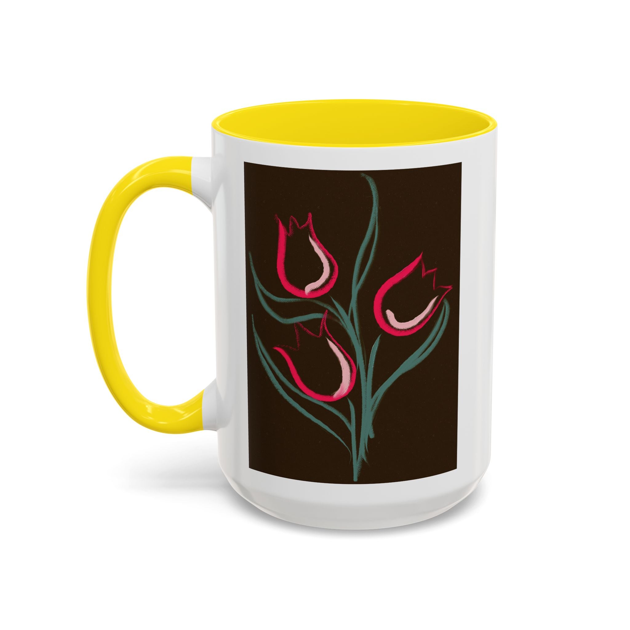 Tulip Floral Accent Coffee Mug — Pink Tulips on Dark Background (11/15 oz)