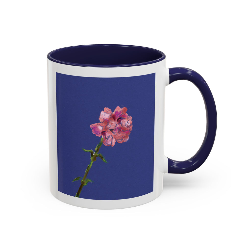 Carnation Floral Single Stem Accent Coffee Mug — Pink Carnation Blossom on Navy