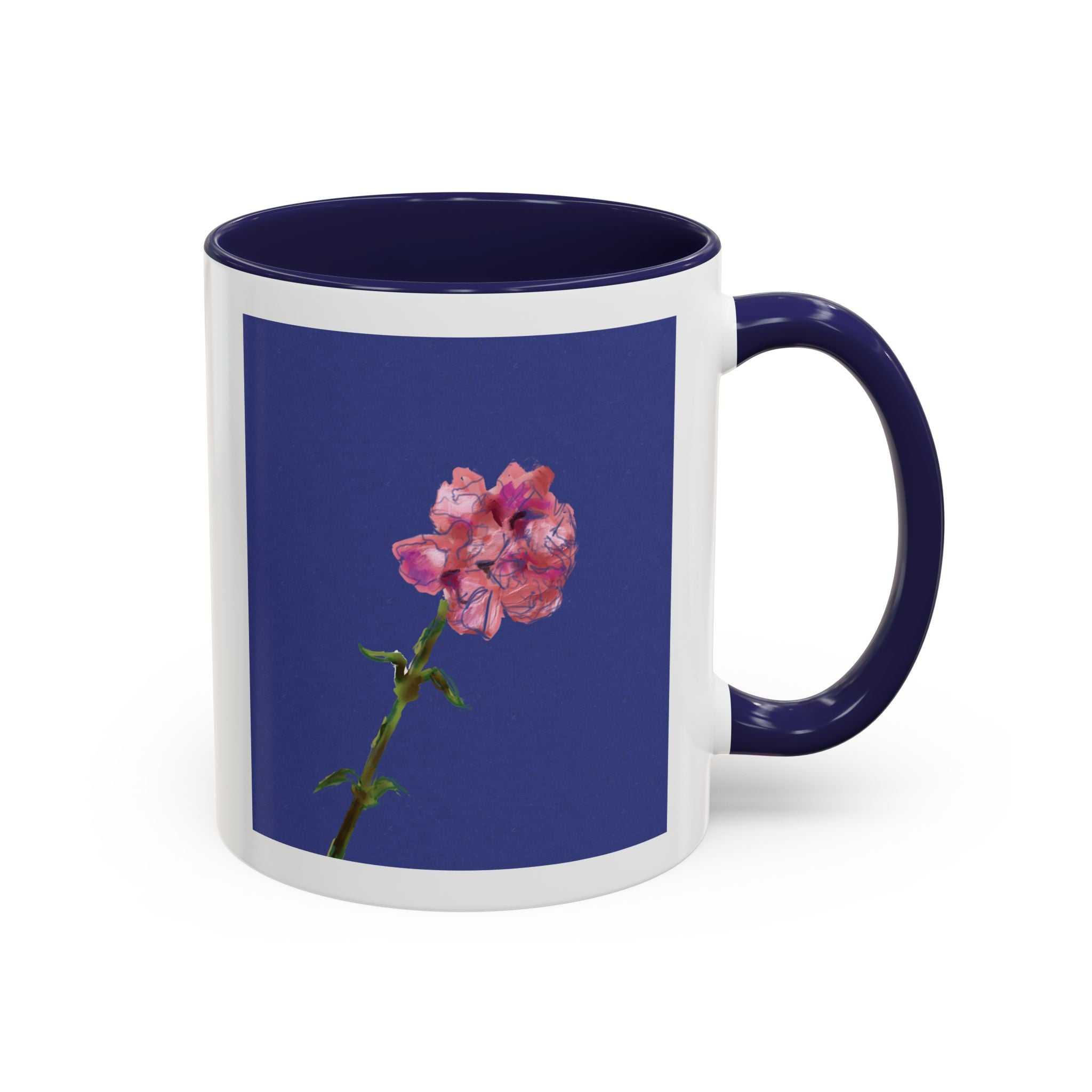 Carnation Floral Single Stem Accent Coffee Mug — Pink Carnation Blossom on Navy