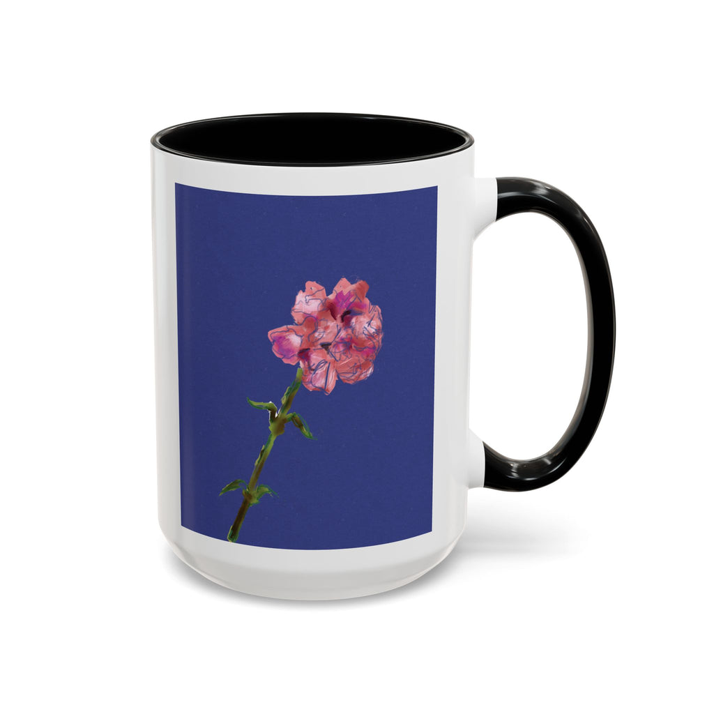 Carnation Floral Single Stem Accent Coffee Mug — Pink Carnation Blossom on Navy