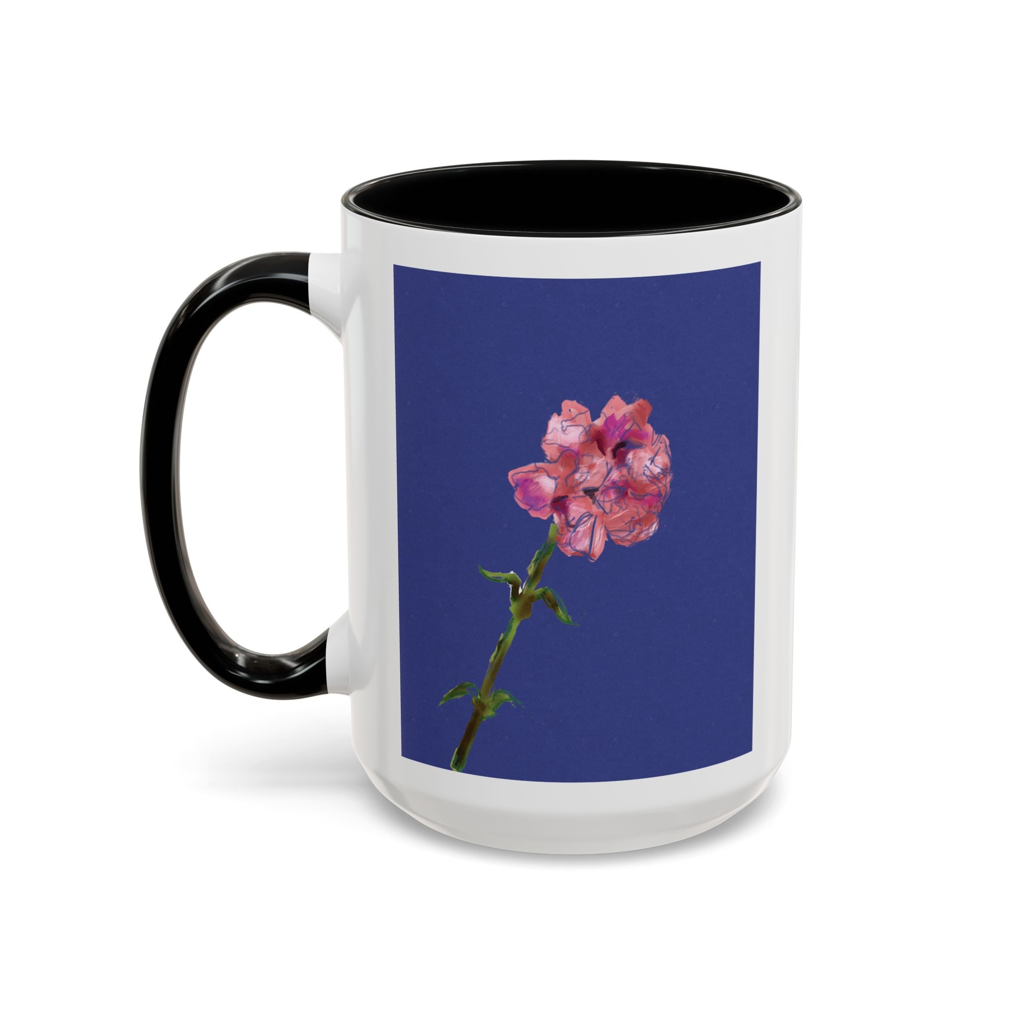 Carnation Floral Single Stem Accent Coffee Mug — Pink Carnation Blossom on Navy