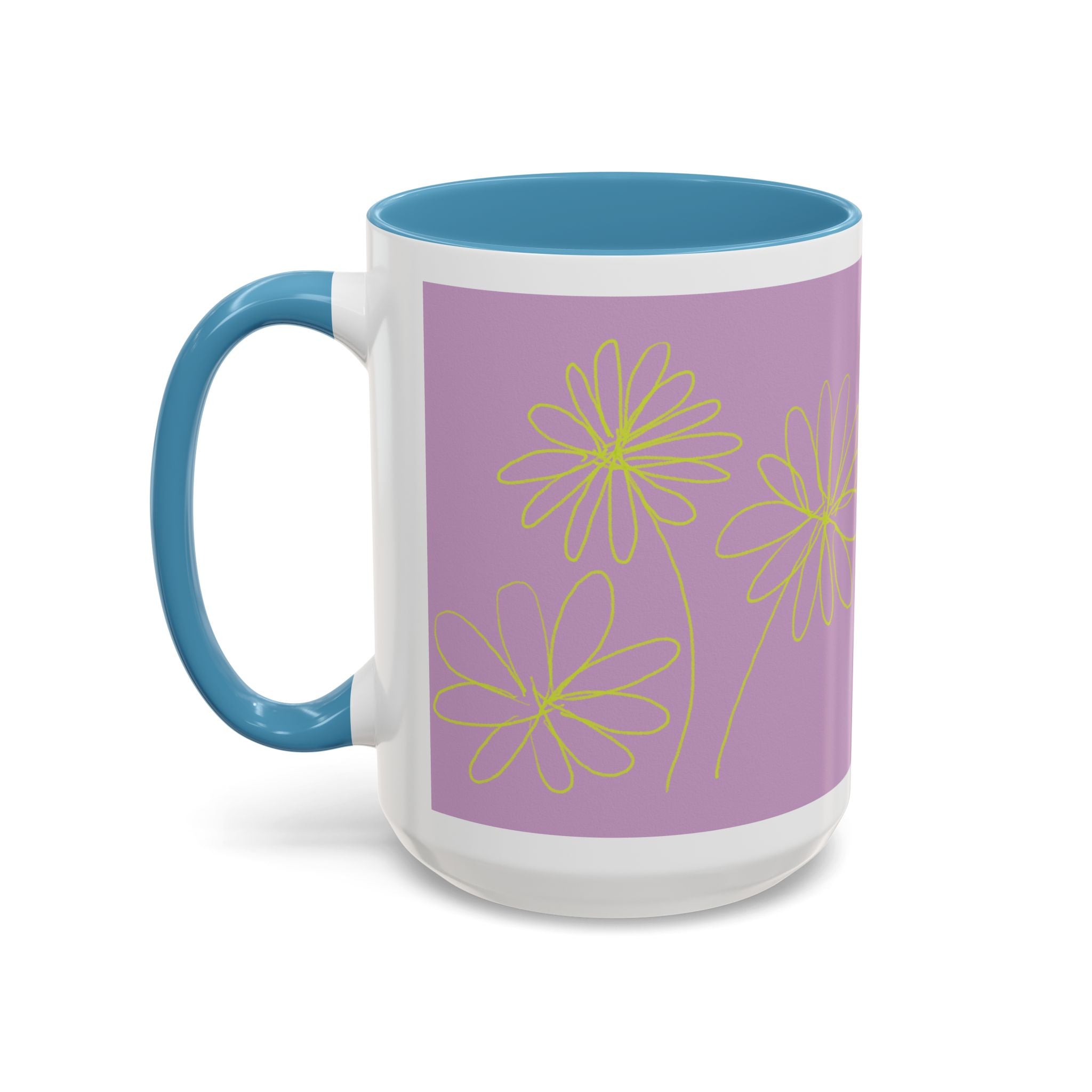 Purple Floral Accent Mug — Dainty Yellow Daisy Coffee Cup (11/15oz)