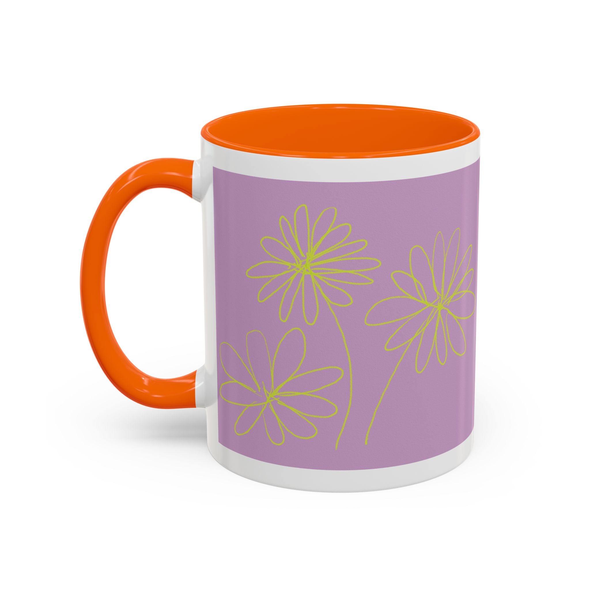 Purple Floral Accent Mug — Dainty Yellow Daisy Coffee Cup (11/15oz)