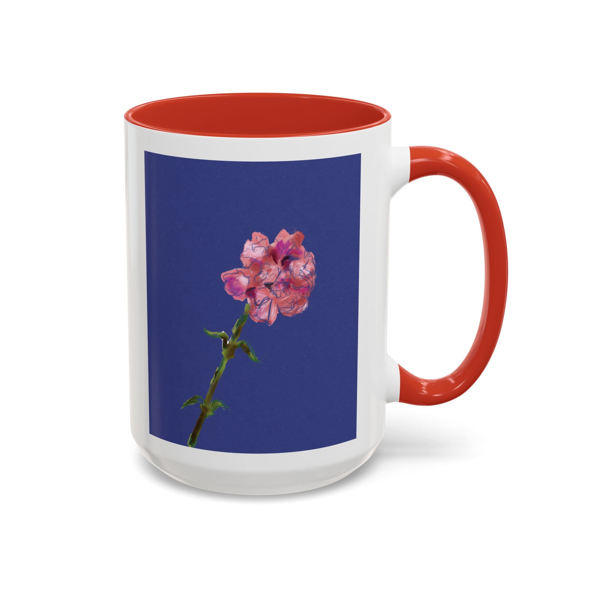 Carnation Floral Single Stem Accent Coffee Mug — Pink Carnation Blossom on Navy