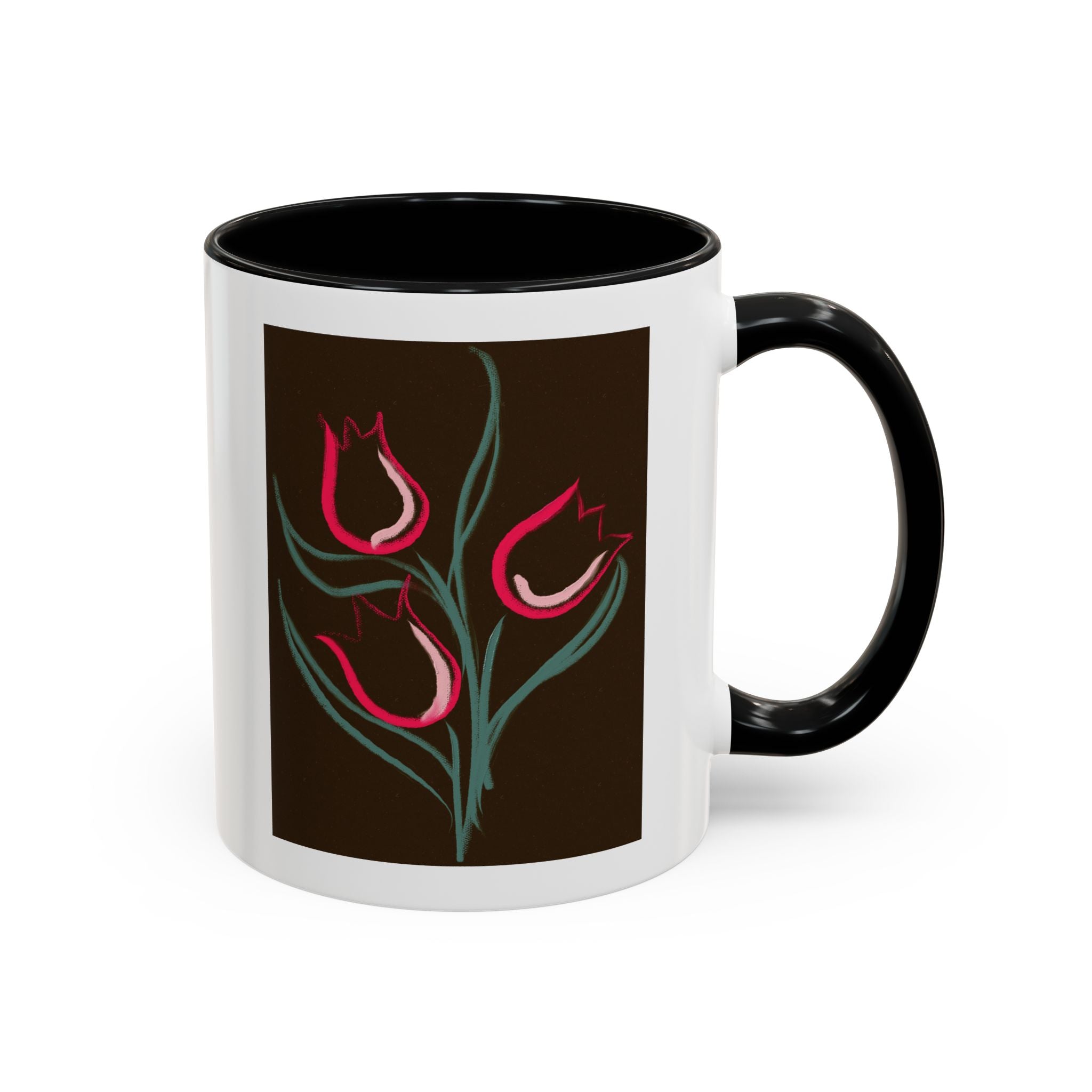 Tulip Floral Accent Coffee Mug — Pink Tulips on Dark Background (11/15 oz)