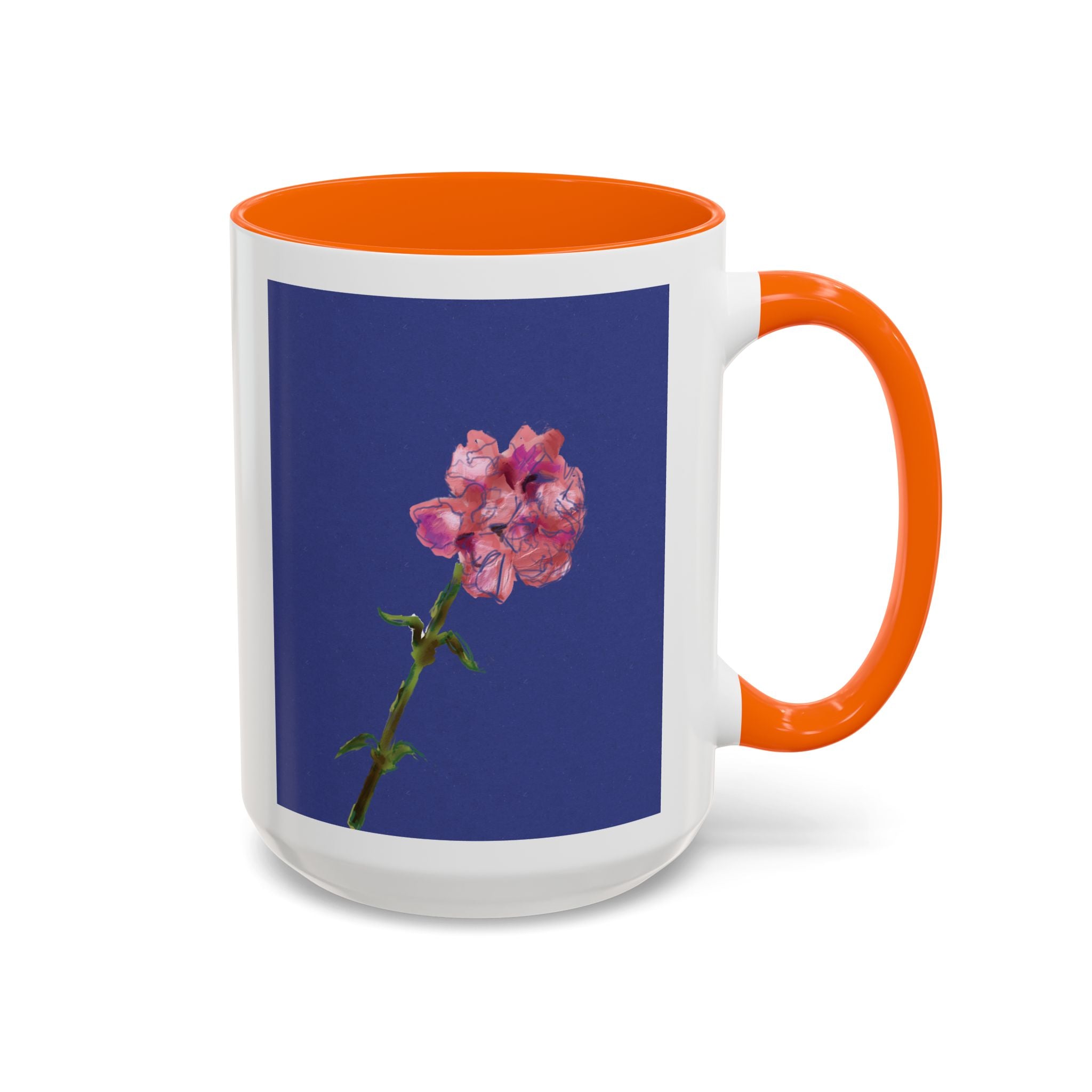 Carnation Floral Single Stem Accent Coffee Mug — Pink Carnation Blossom on Navy