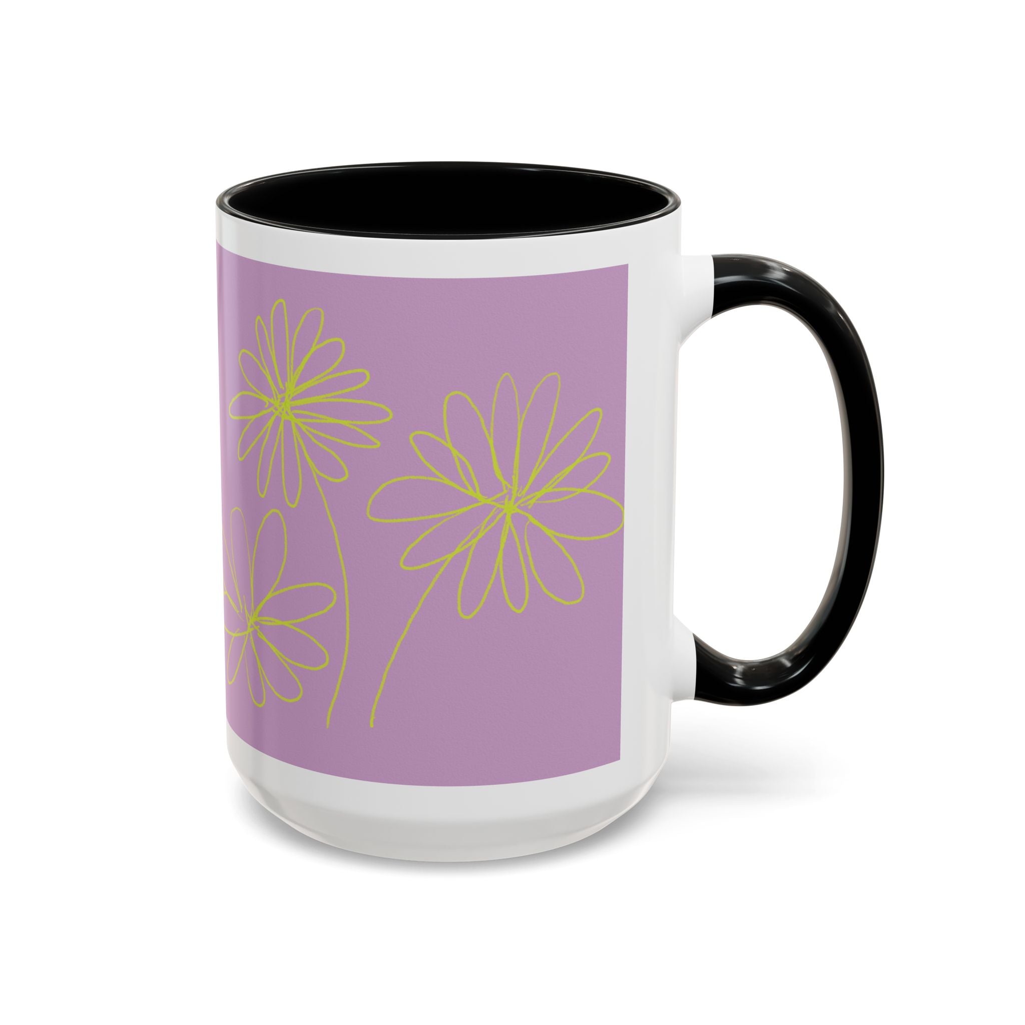 Purple Floral Accent Mug — Dainty Yellow Daisy Coffee Cup (11/15oz)