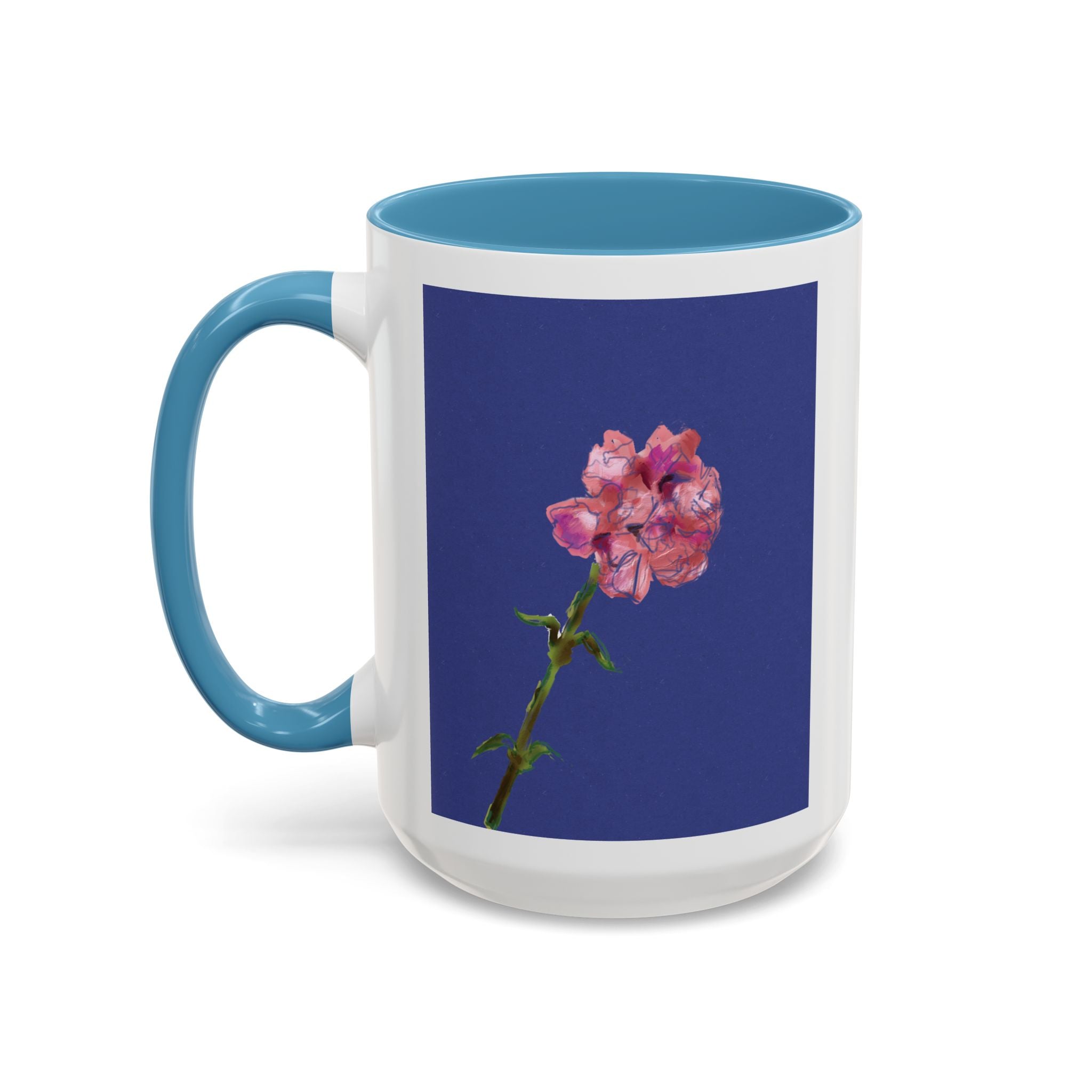 Carnation Floral Single Stem Accent Coffee Mug — Pink Carnation Blossom on Navy